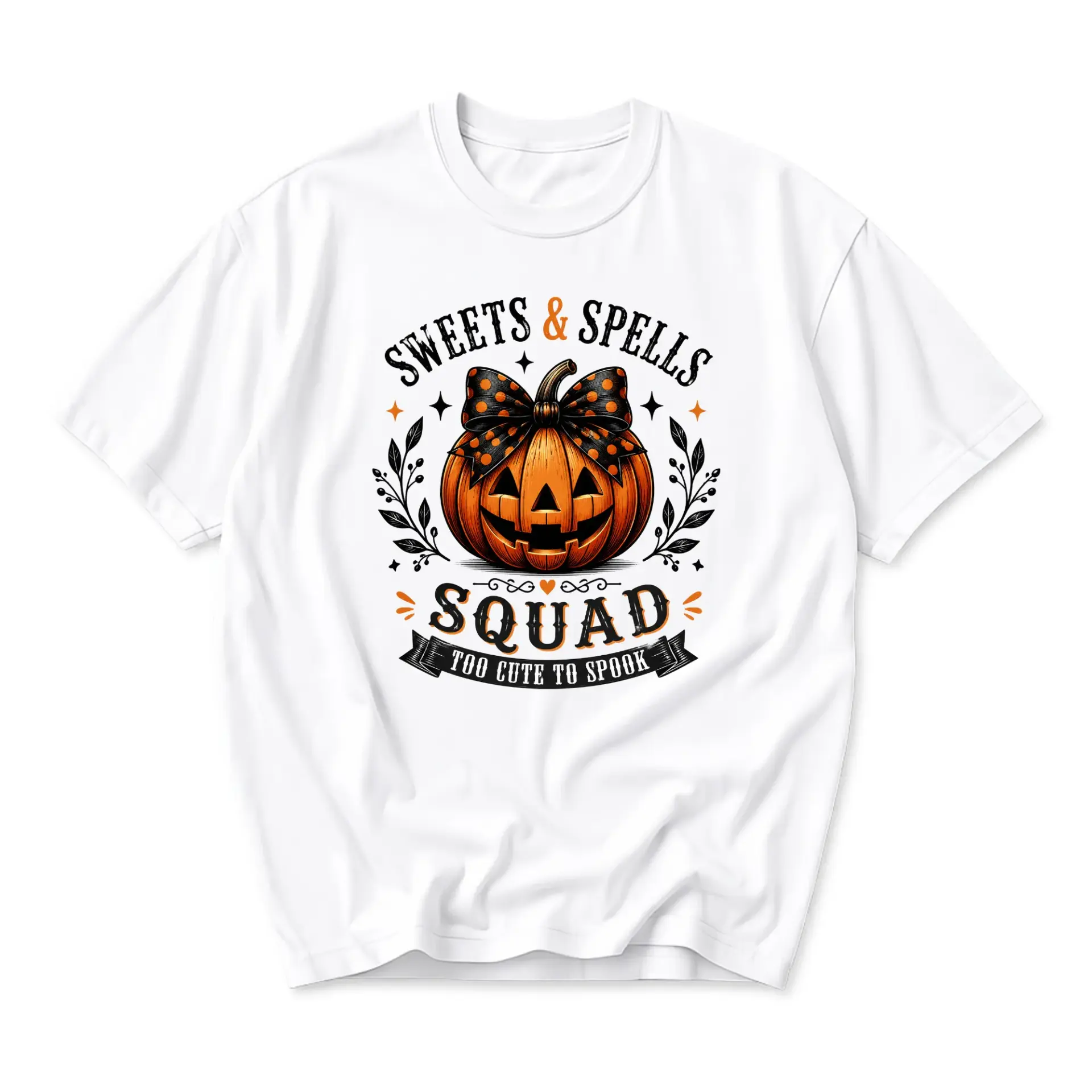 Graphic Tee Sweets and Spells Squad Pumpkin Illustration Unisex Crew Neck Short Sleeve Casual Cotton Blend Shirt White