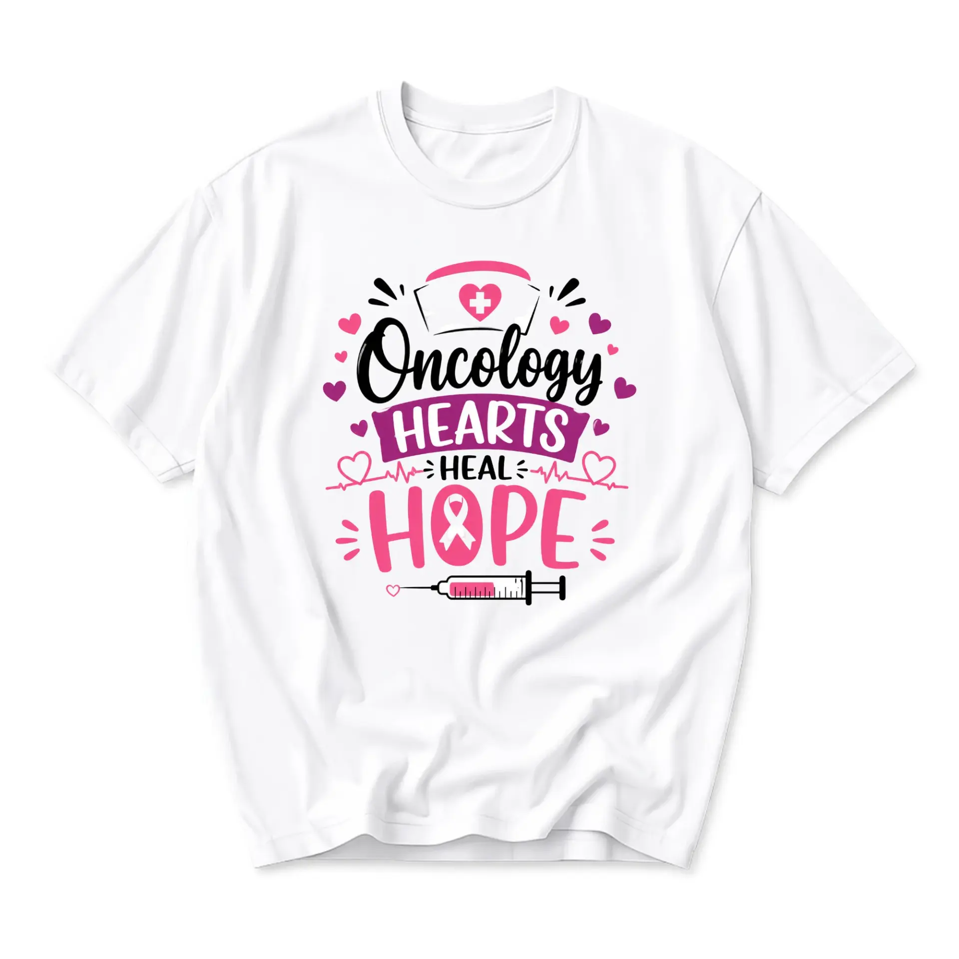 Graphic Tee Oncology Hearts Heal Hope Medical Awareness Shirt Unisex Casual Crew Neck Apparel for Nursing Professionals