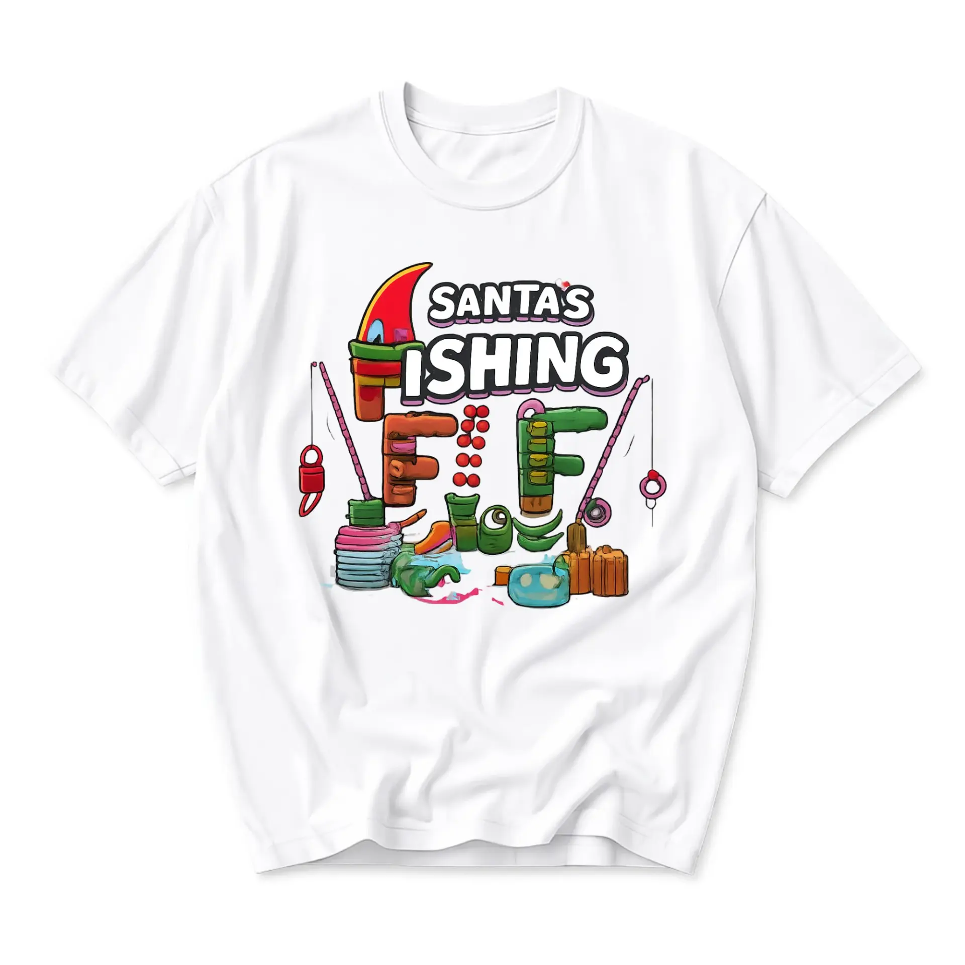 Funny Shirt Santa Fishing Graphic Tee Unisex Holiday Crew Neck Casual Apparel for Seasonal Humor Wear