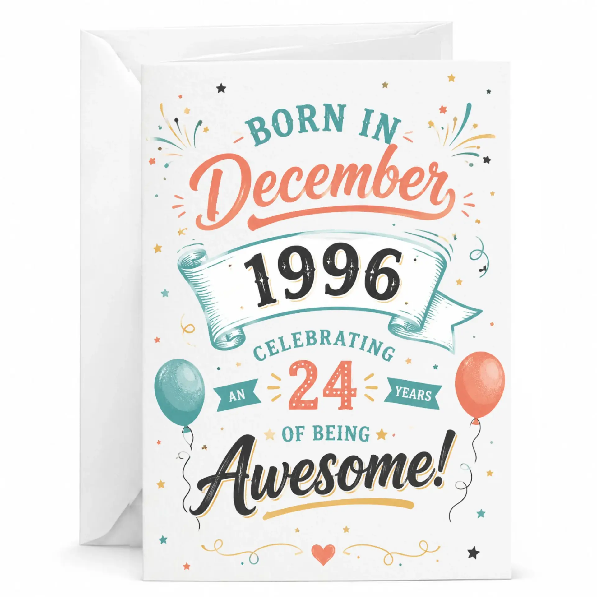 Birthday Card Born in December 1996 Celebrating 24 Years of Being Awesome Vintage Style Greeting Card for Milestone Party