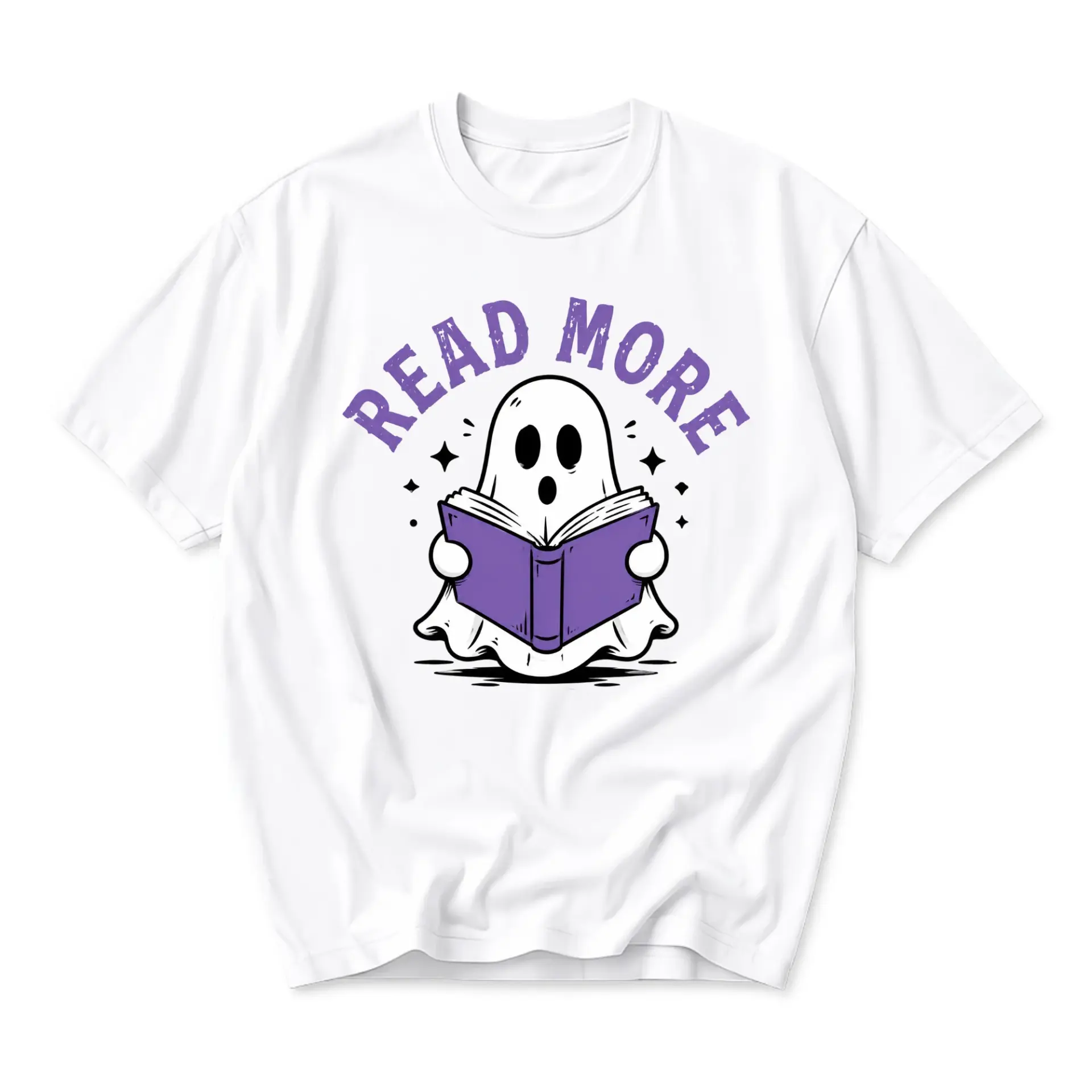 Graphic Tee Read More Ghost Reading Book Design Unisex Crew Neck Short Sleeve Cotton Casual Everyday Comfort Shirt