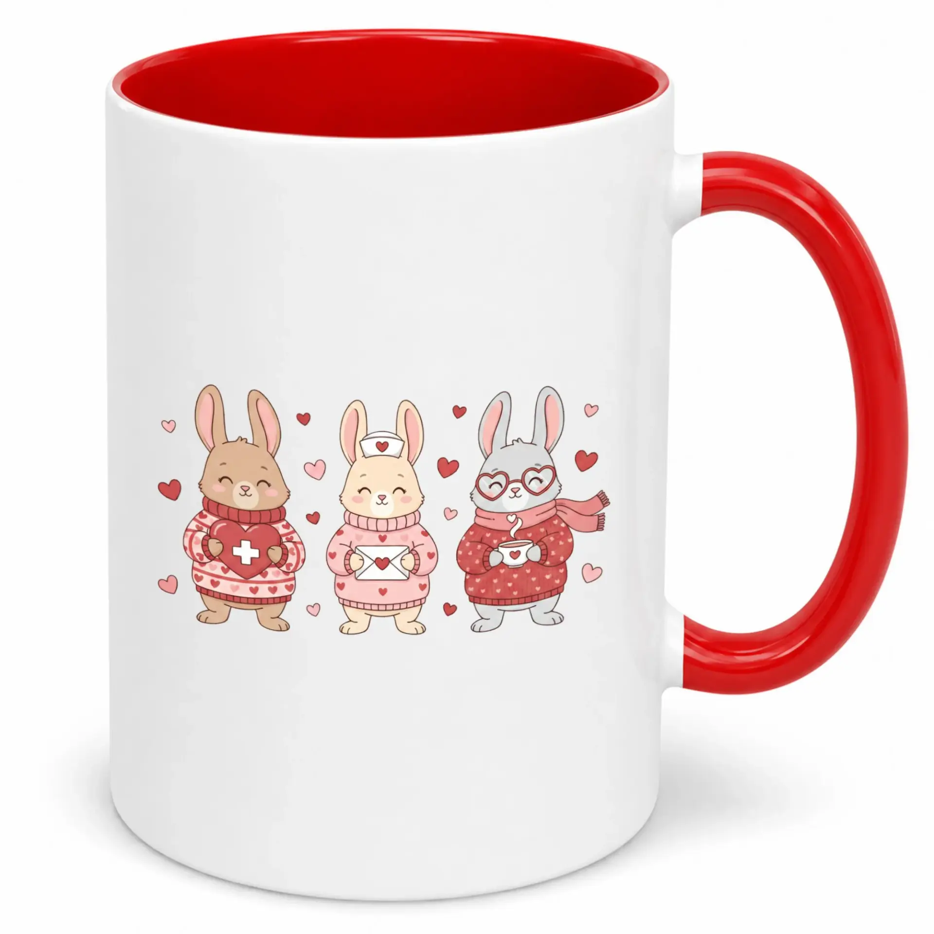 Adorable Nurse Bunny and Friends Ceramic Coffee Mug with Hearts Design Animal Lover Gift for Her 11 Oz or 15 Oz Drinkware