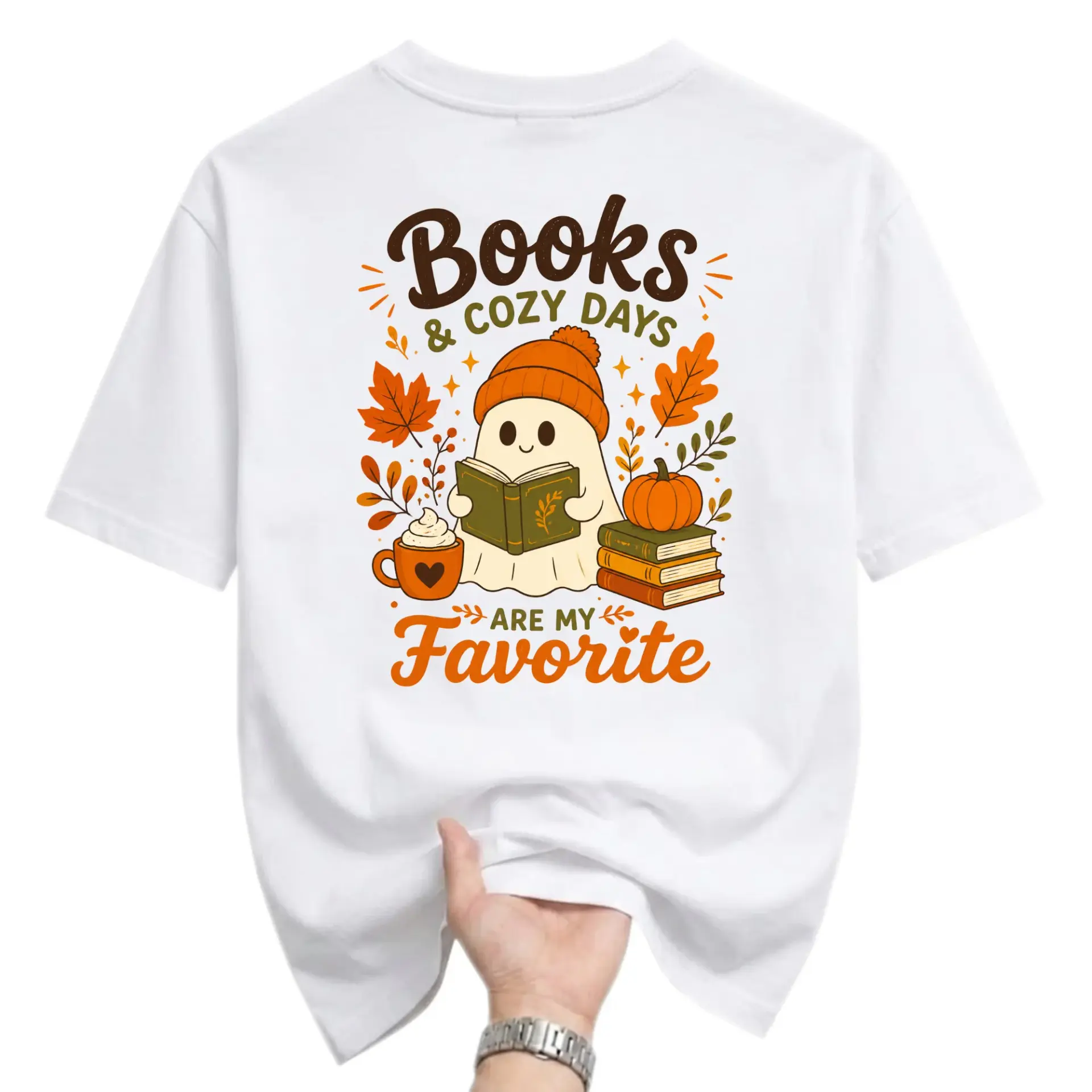Graphic Tee Books and Cozy Days Autumn Ghost Shirt for Reading Enthusiasts Seasonal Unisex Crew Neck Casual Cotton Top
