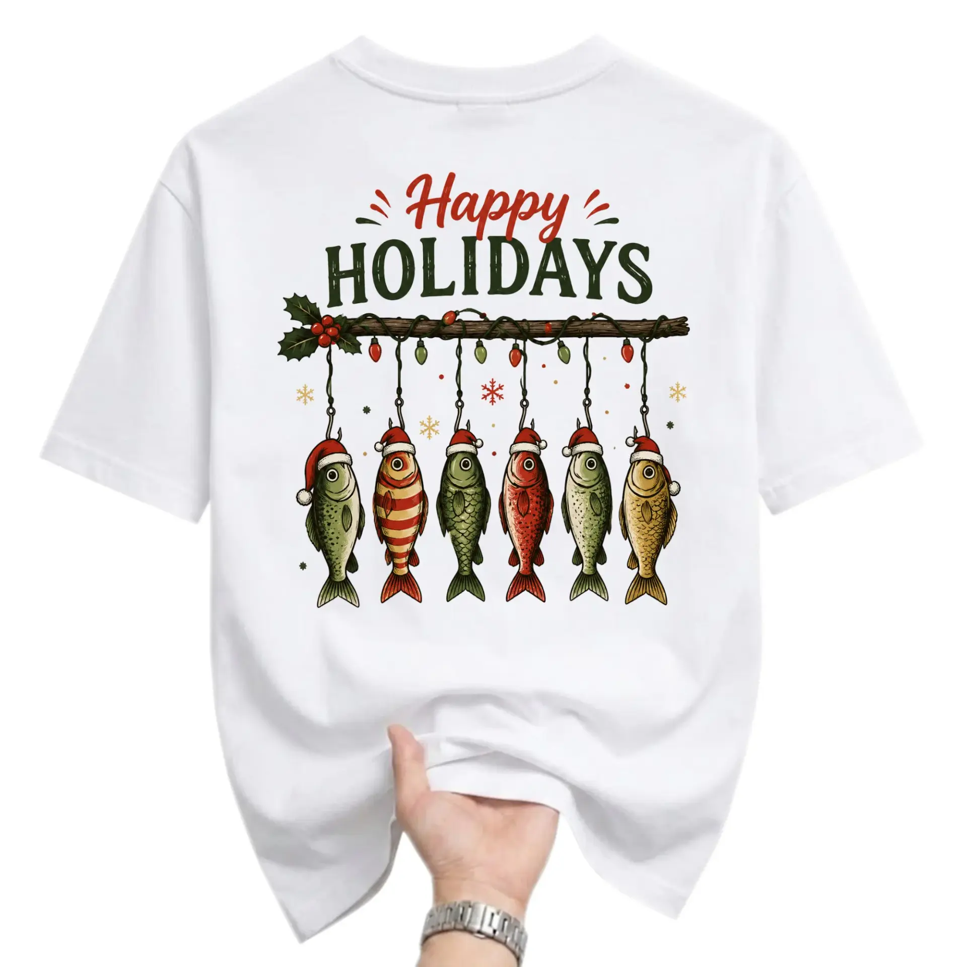 Funny Shirt Happy Holidays Fishing Theme Graphic Tee Seasonal Unisex Crew Neck Short Sleeve Casual Cotton Apparel