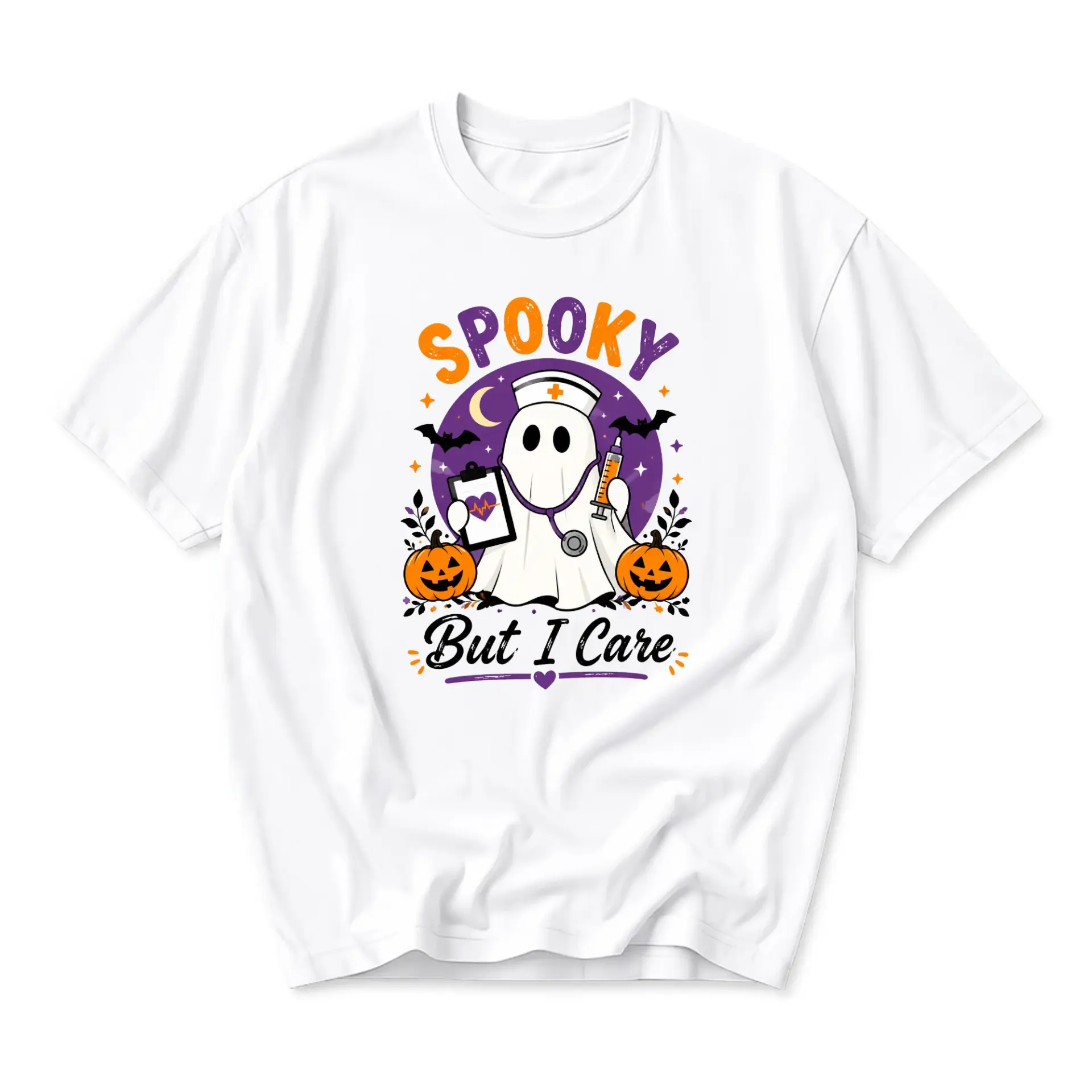 Funny Shirt Spooky but I Care Ghost Nurse Halloween Graphic Tee Unisex Crew Neck Casual Everyday Wear Cotton Top