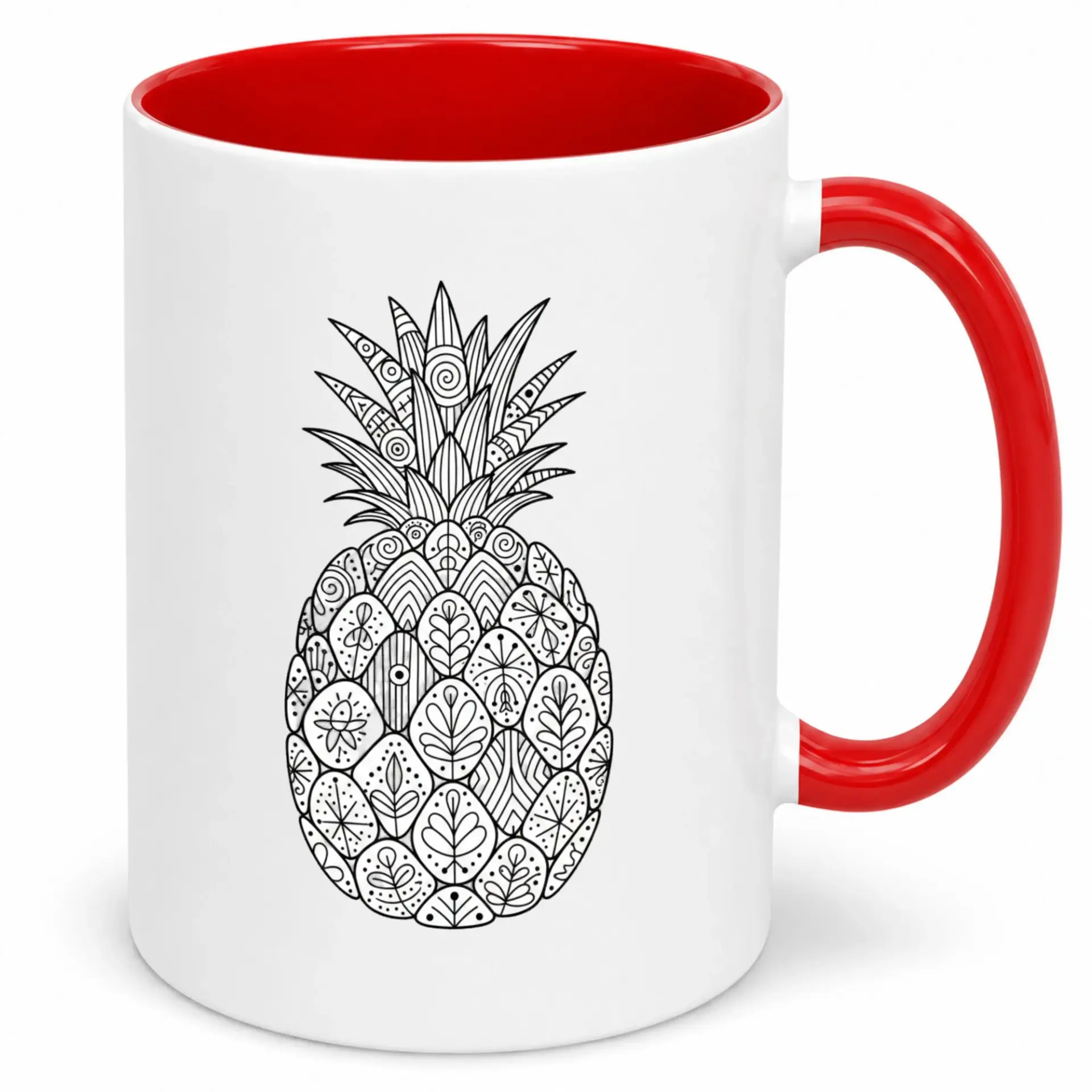 Ceramic Coffee Mug with Intricate Pineapple Design, Decorative Tropical Fruit Art Cup Featuring a Red Handle and Interior Accent