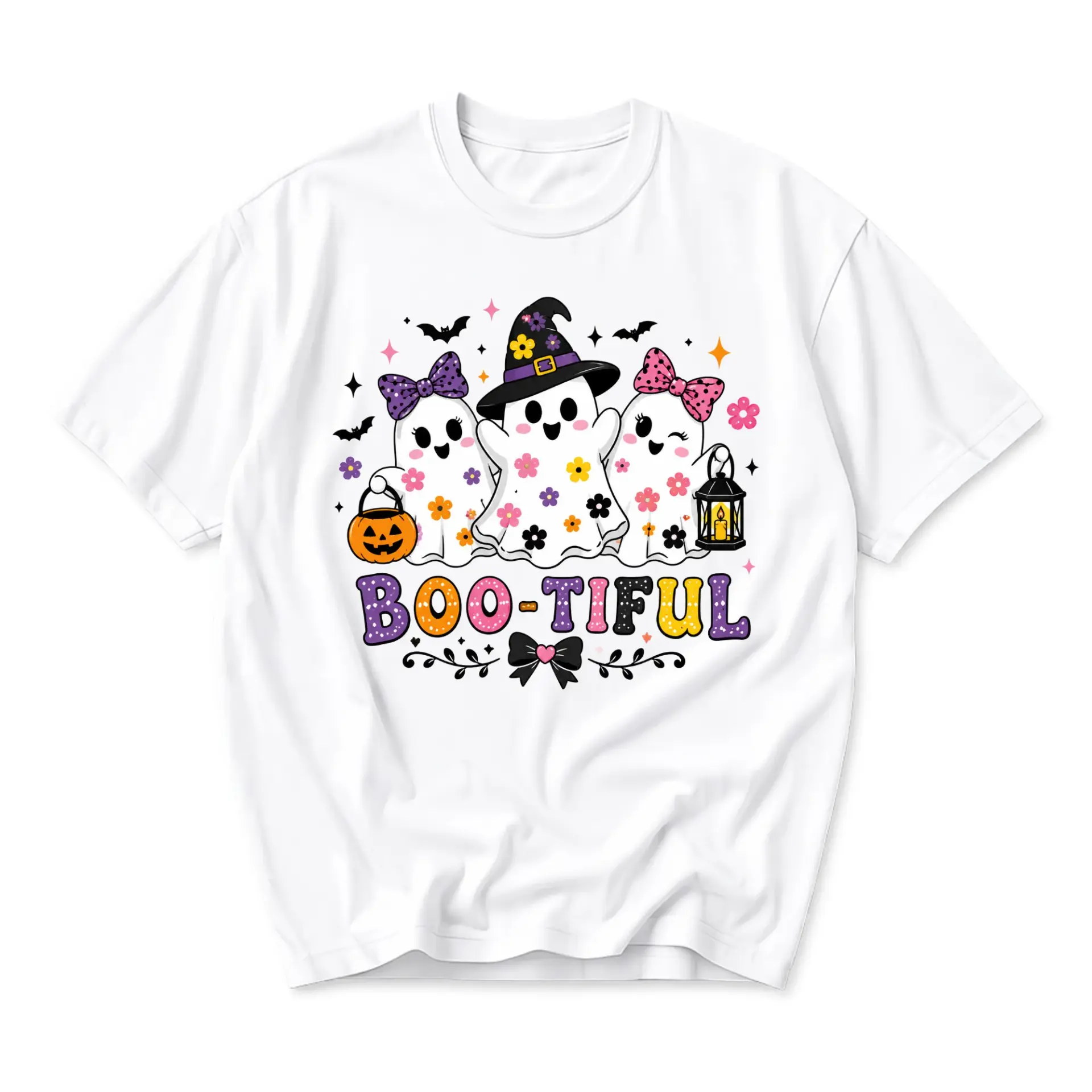 Funny Shirt Boo-Tiful Ghost Halloween Graphic Tee Unisex Crew Neck Casual Cotton Blend Short Sleeve Apparel White