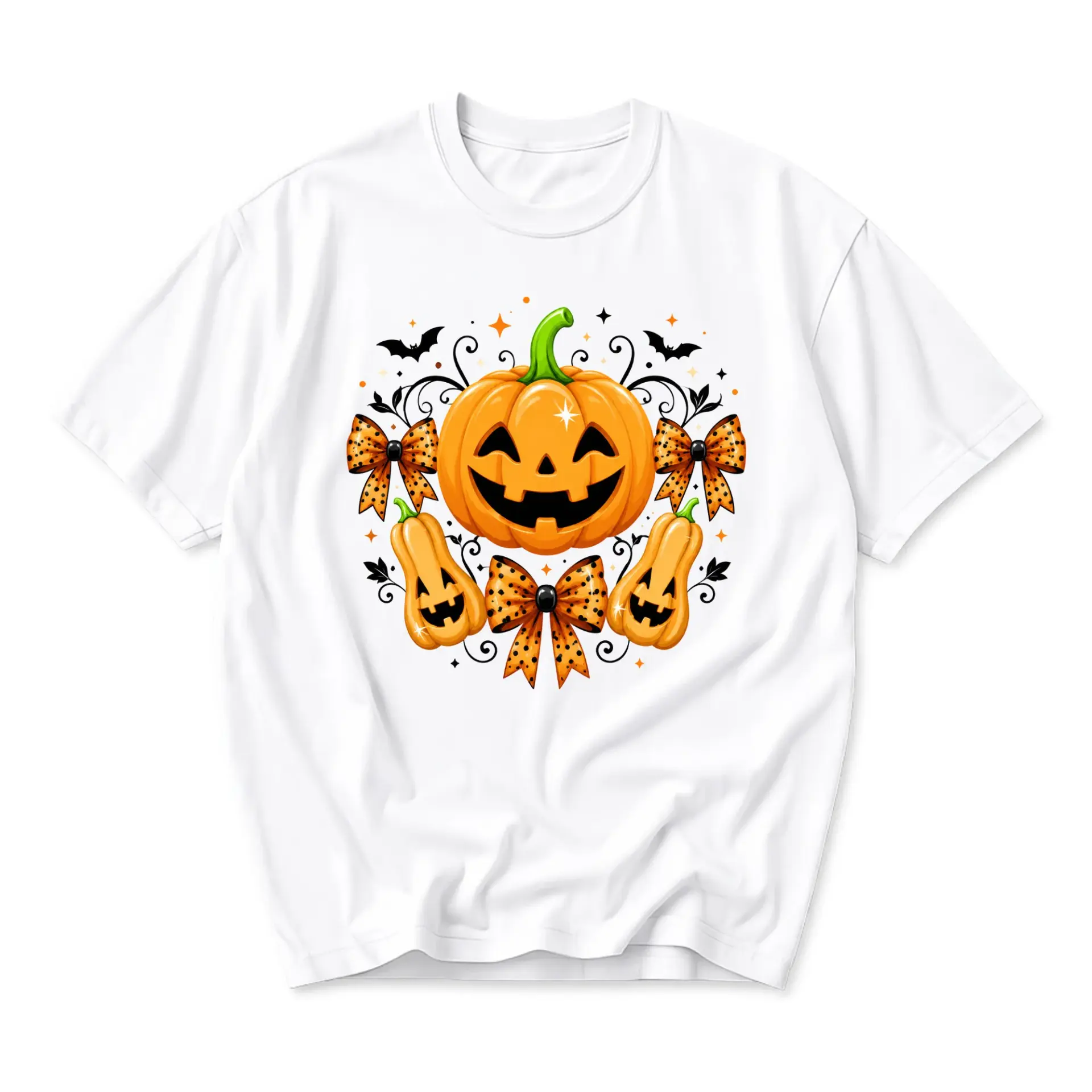 Graphic Tee Cute Halloween Pumpkin Patch Bows Print Unisex Crew Neck Casual Everyday Short Sleeve Cotton Blend Shirt