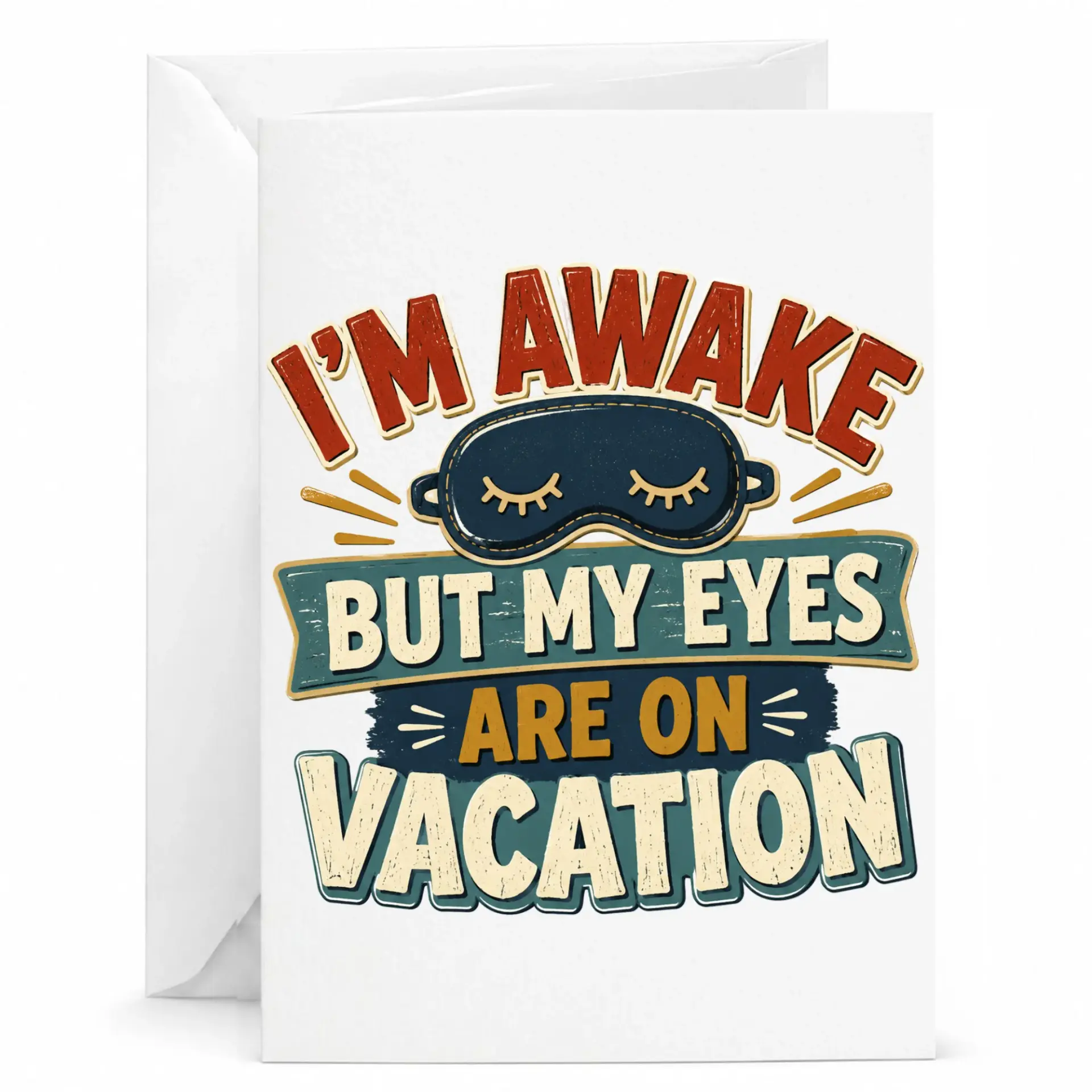 Funny Greeting Card I Am Awake but My Eyes Are on Vacation Humorous Sarcastic Phrase 5x7 Inch Folded Note