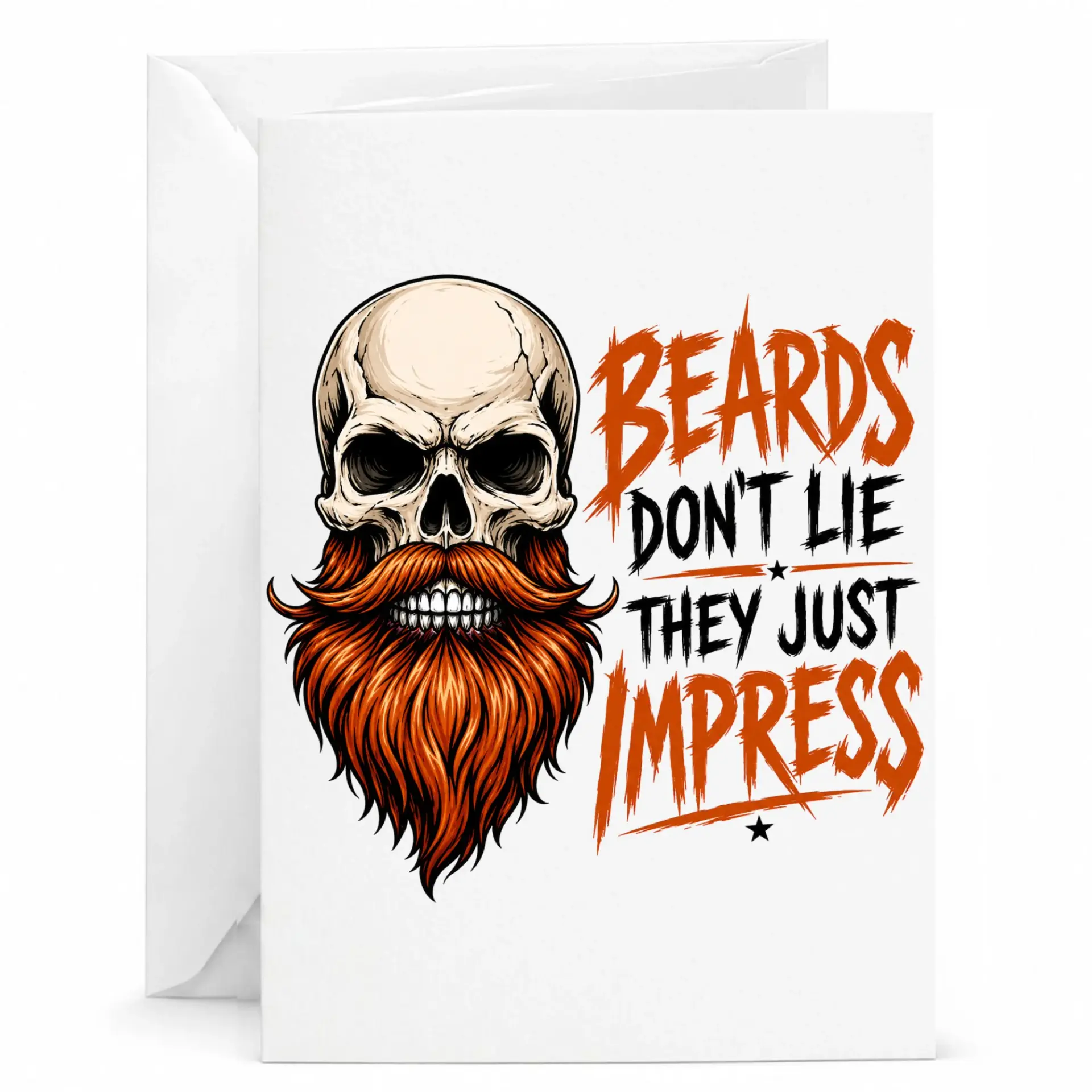 Funny Beard Greeting Card Skull with Orange Illustration for Him Humorous Birthday or Just Because Note