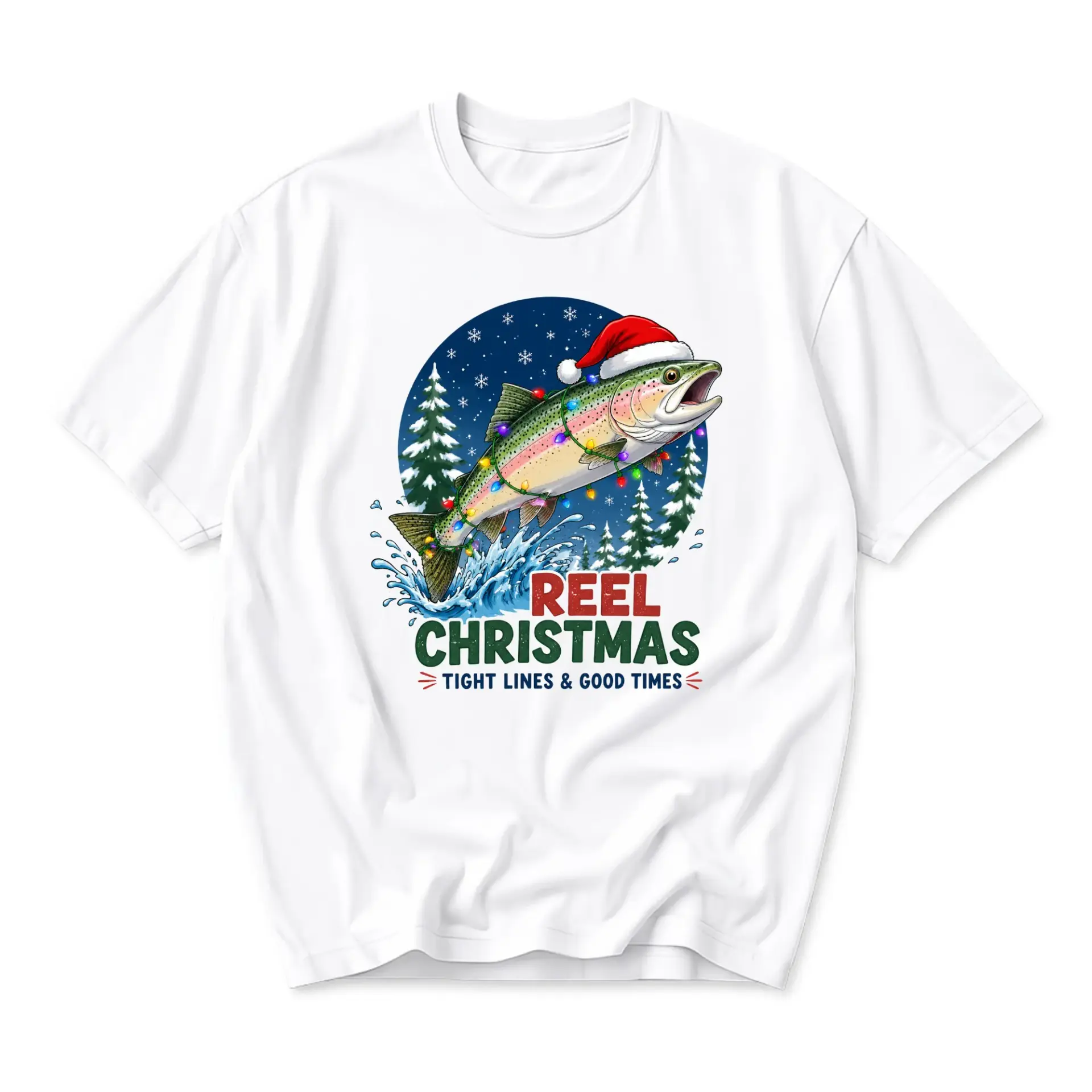 Graphic Tee Reel Christmas Fishing T-Shirt Funny Holiday Seasonal Apparel for Anglers Men and Women Unisex White