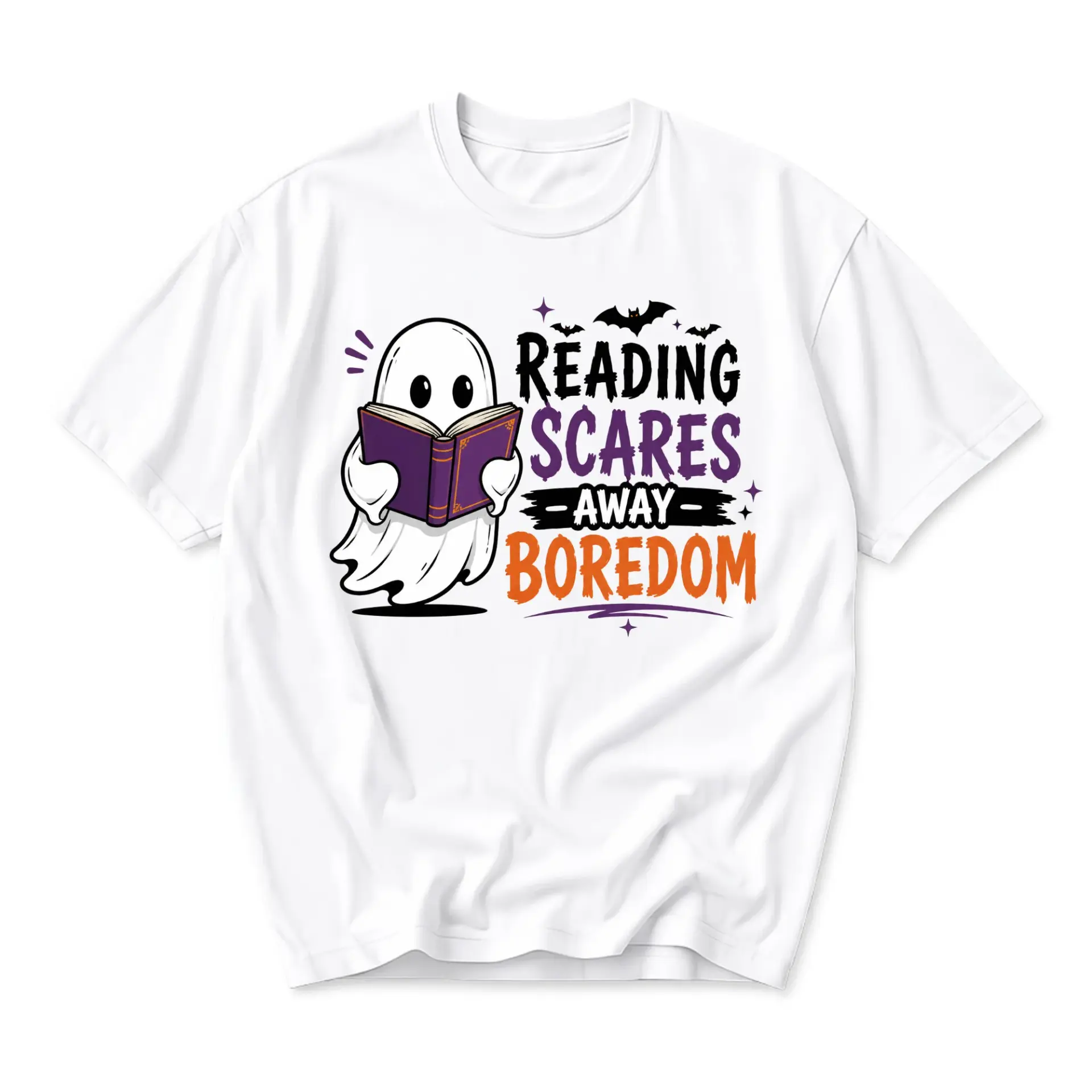 Graphic Tee Reading Scares Away Boredom Funny Ghost Book Shirt Casual Unisex Crew Neck Short Sleeve Cotton Top