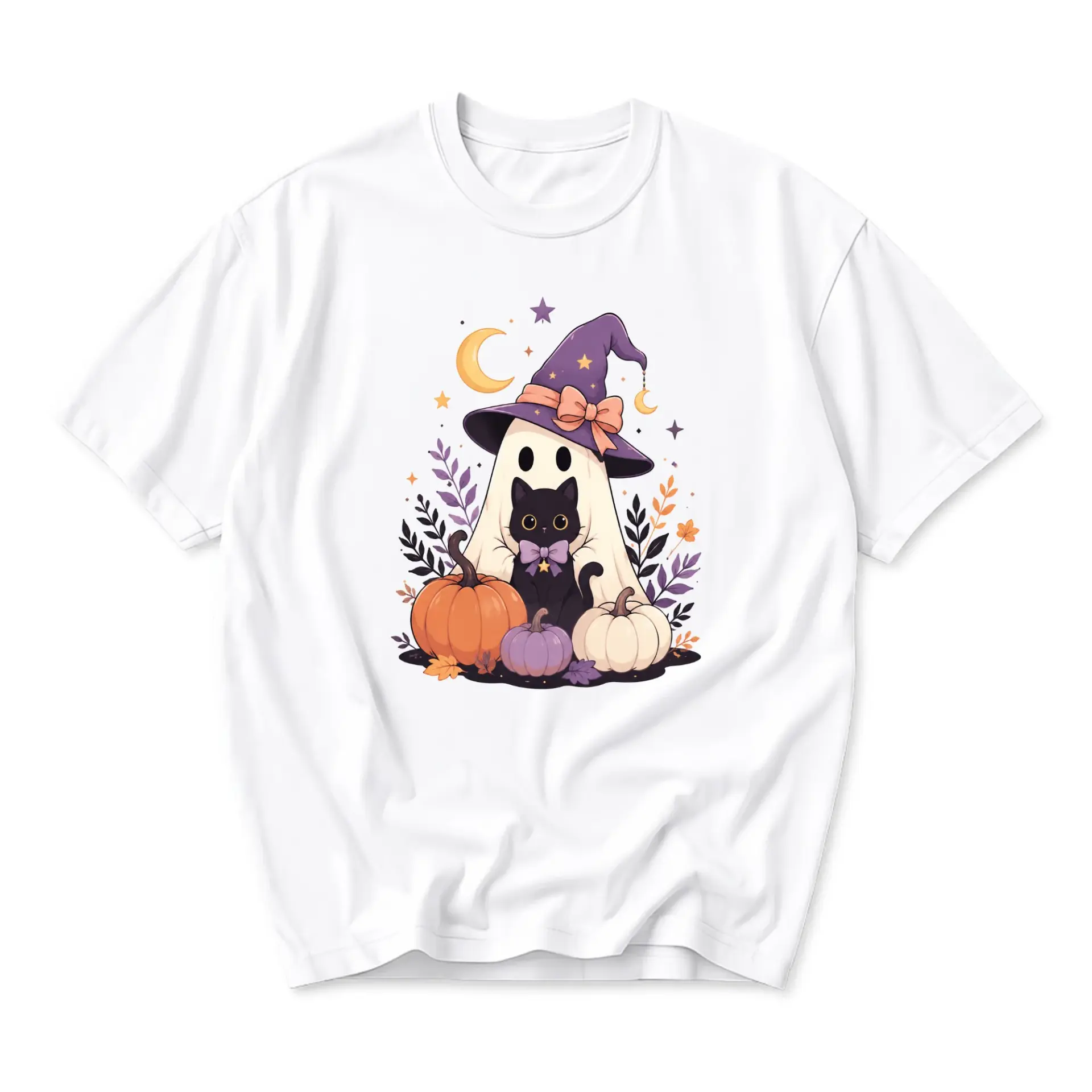 Graphic Tee Unisex Crew Neck T-Shirt Featuring a Cute Ghost Wearing a Witch Hat with a Black Cat and Fall Pumpkins