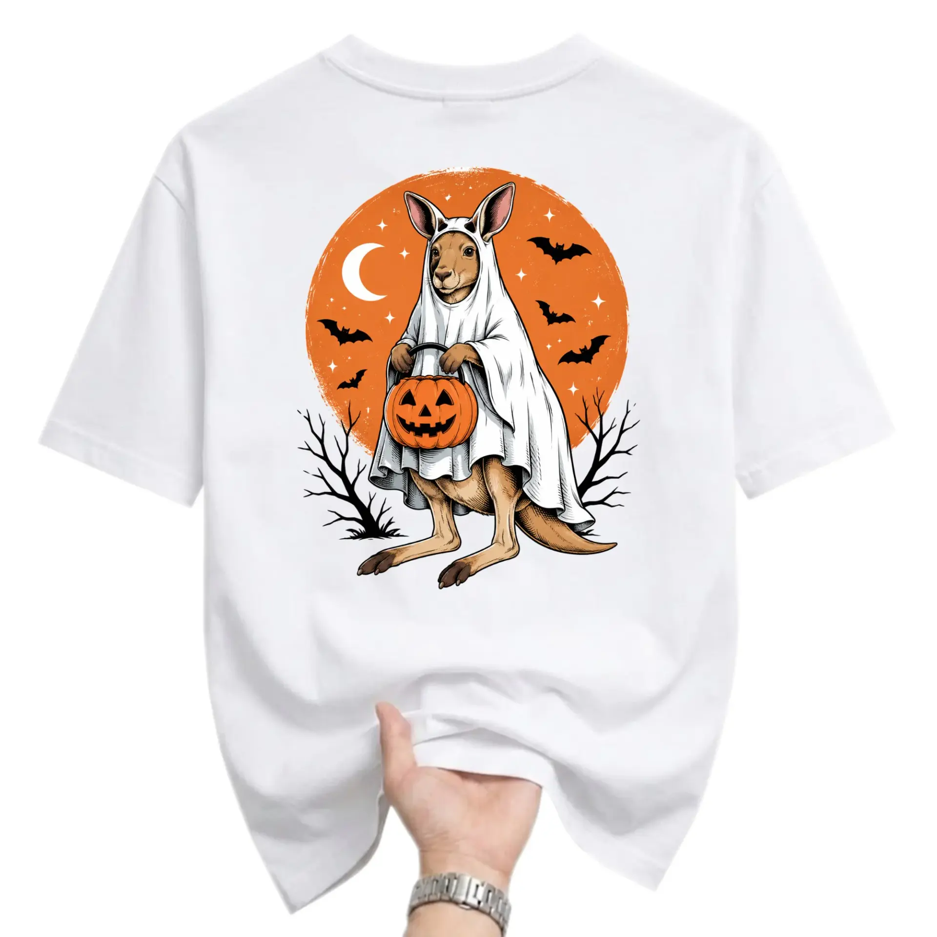 Graphic Tee Unisex Crew Neck Short Sleeve Shirt Featuring a Cute Ghost Kangaroo Wearing a Halloween Costume Design