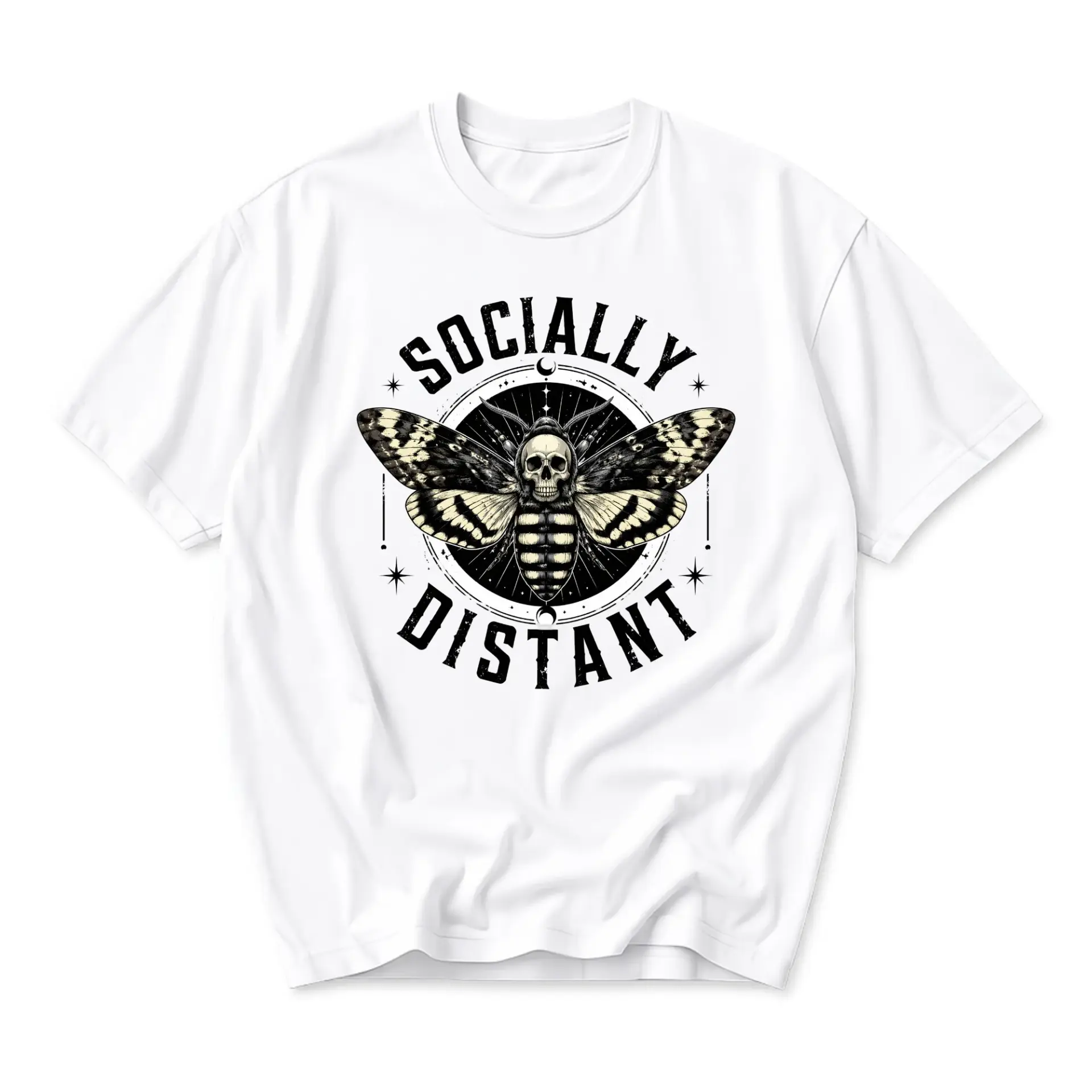 Graphic Tee Socially Distant Moth Skull Design Unisex Crew Neck Short Sleeve Cotton Casual Everyday Apparel