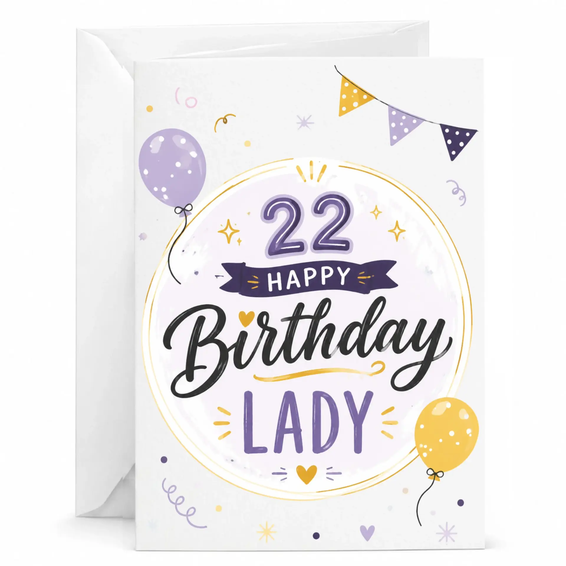 Birthday Card for 22nd Birthday, Happy Birthday Lady Greeting Card with Purple and Gold Balloons, 5x7 Folded Note Card