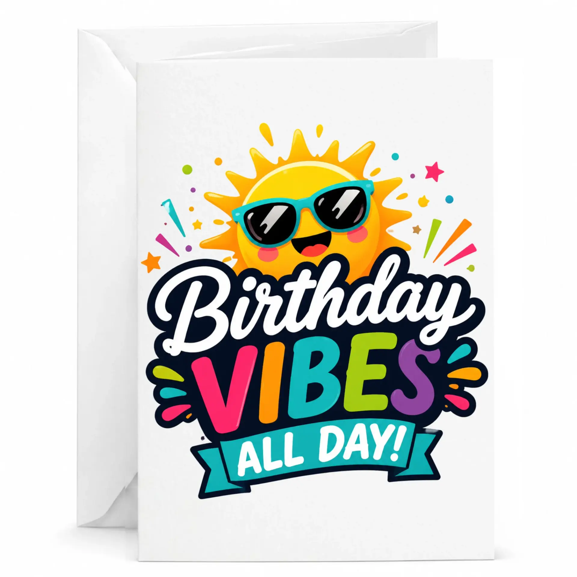 Birthday Card Funny Sun Wearing Sunglasses Design with Vibrant Colorful Typography for Festive Celebrations