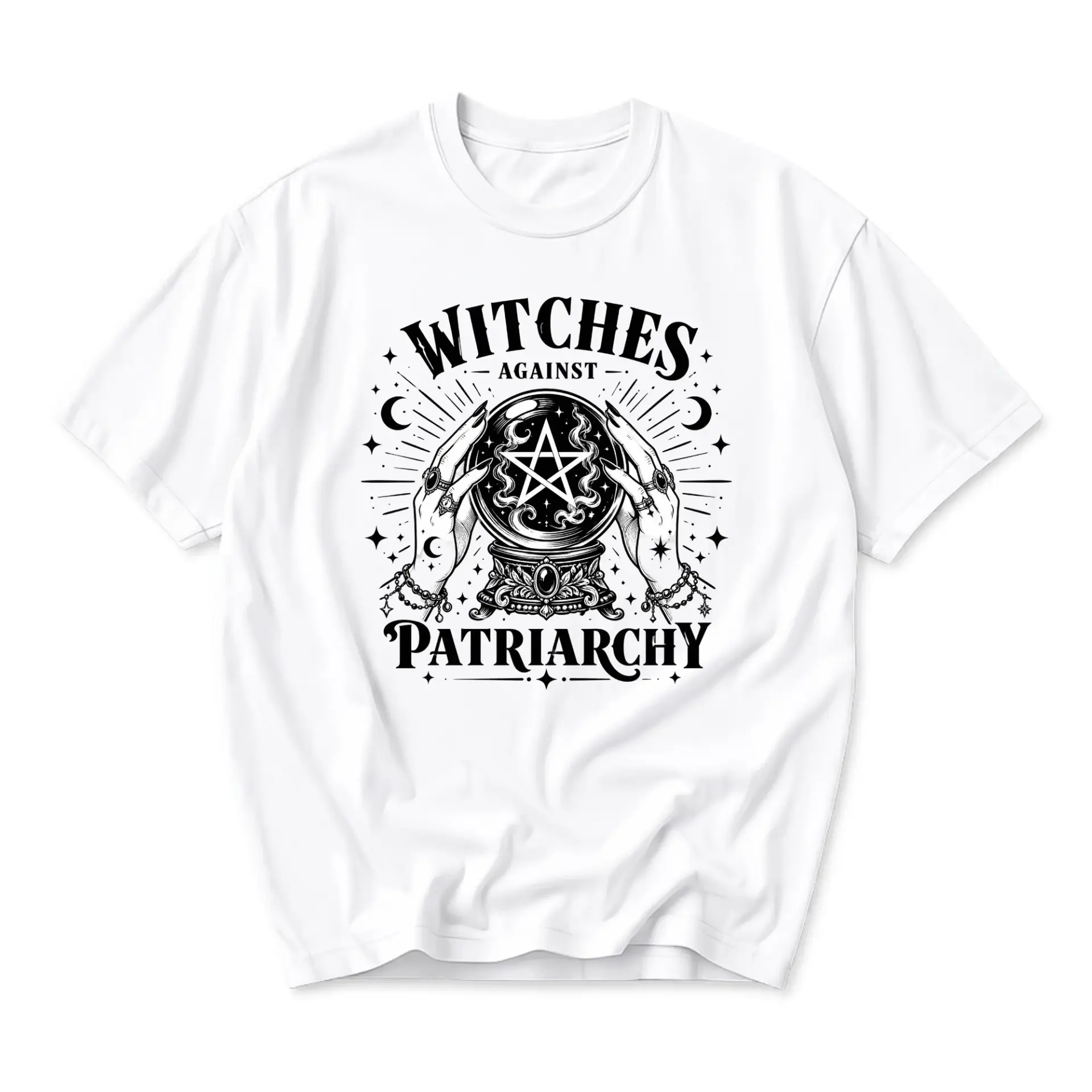 Graphic Tee Witches Against Patriarchy Shirt Celestial Crystal Ball Occult Art Unisex Crew Neck Casual Fashion Top