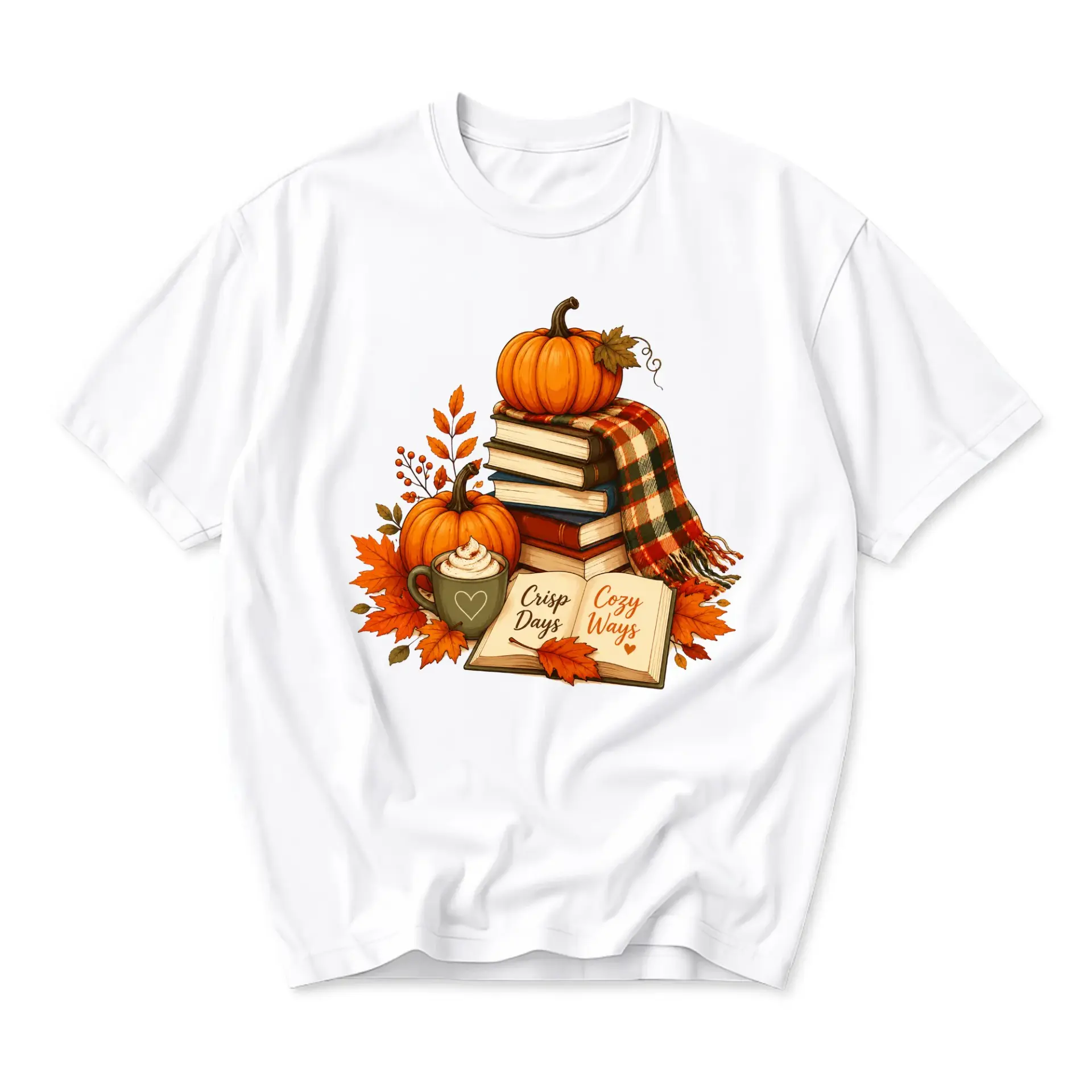 Graphic Tee Autumn Seasonal Reading Theme Printed Unisex Shirt with Pumpkins and Books Casual Crew Neck Apparel