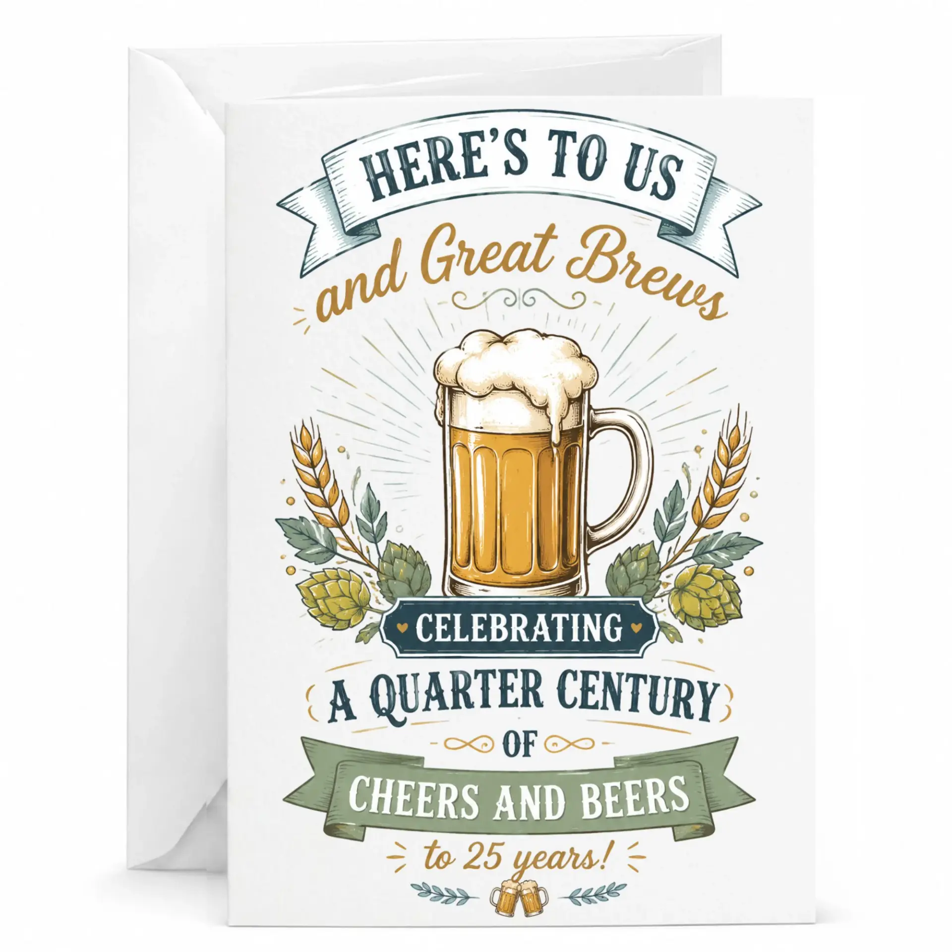 Birthday Card for 25th Anniversary or Milestone Cheers and Beers Beer Mug Design for Celebrating Twenty Five Years