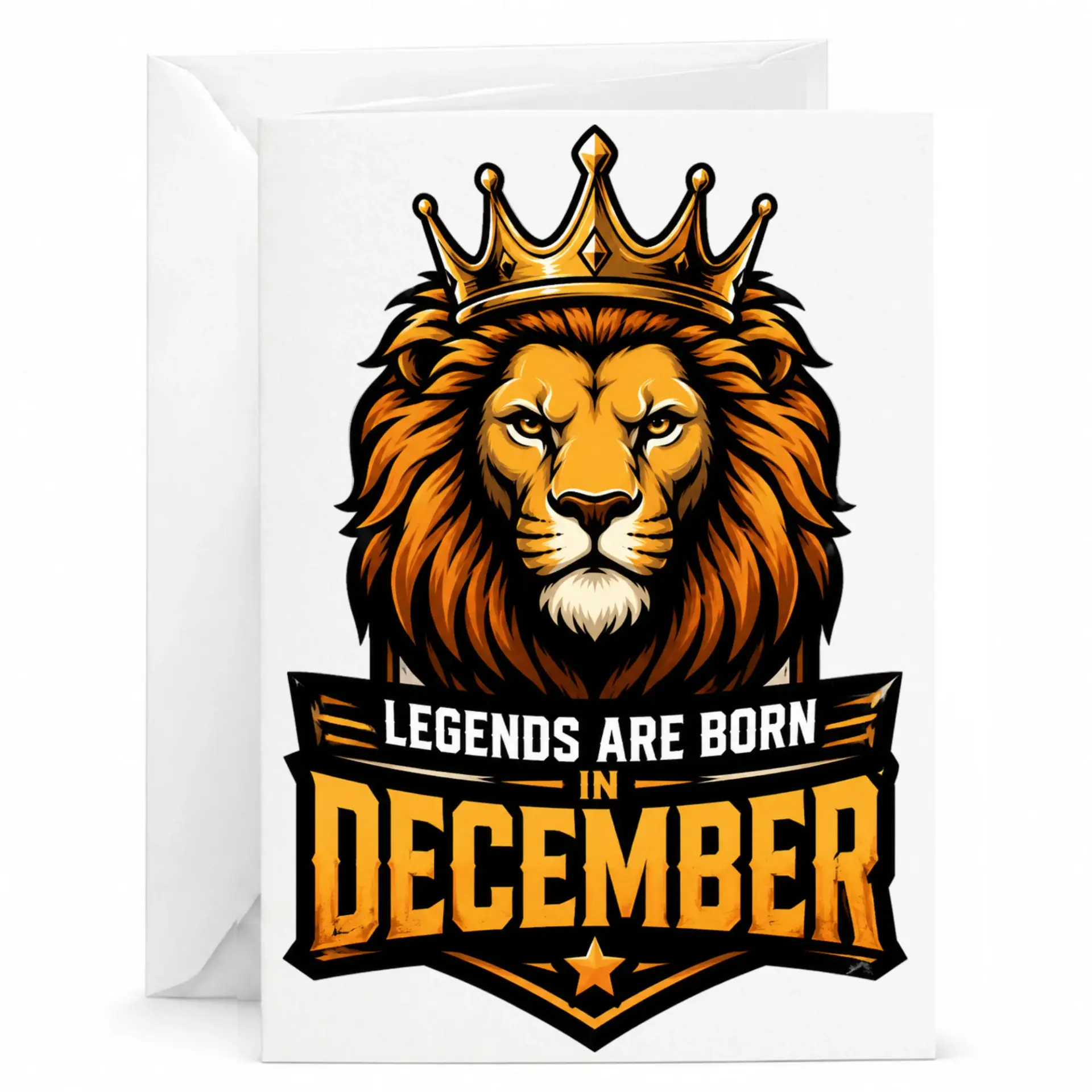 Greeting Card Legends Are Born in December Featuring Regal Lion King Artwork for Birthday and Anniversary Wishes