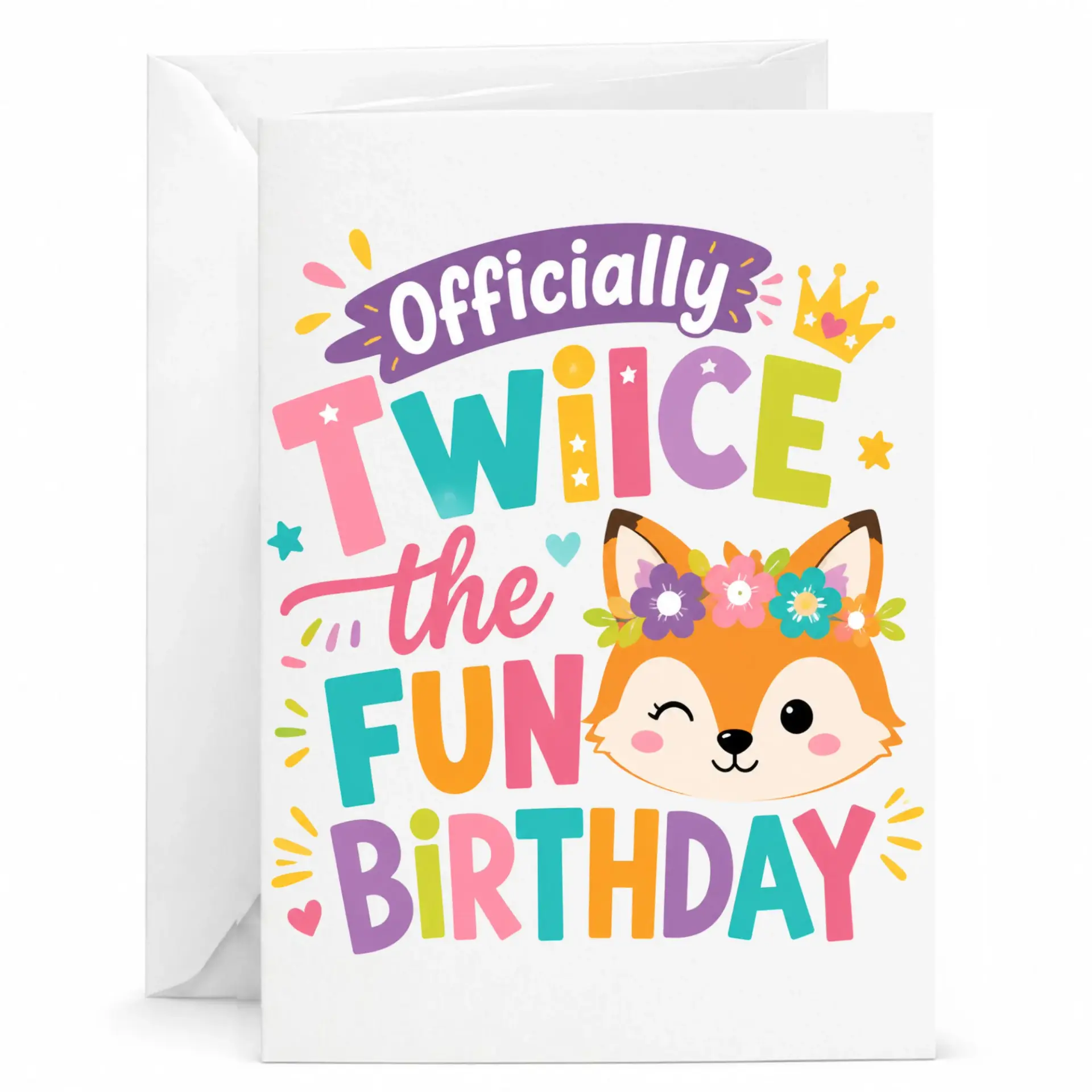 Birthday Card Officially Twice the Fun Greeting Card Featuring Cute Fox Illustration and Colorful Typography Design