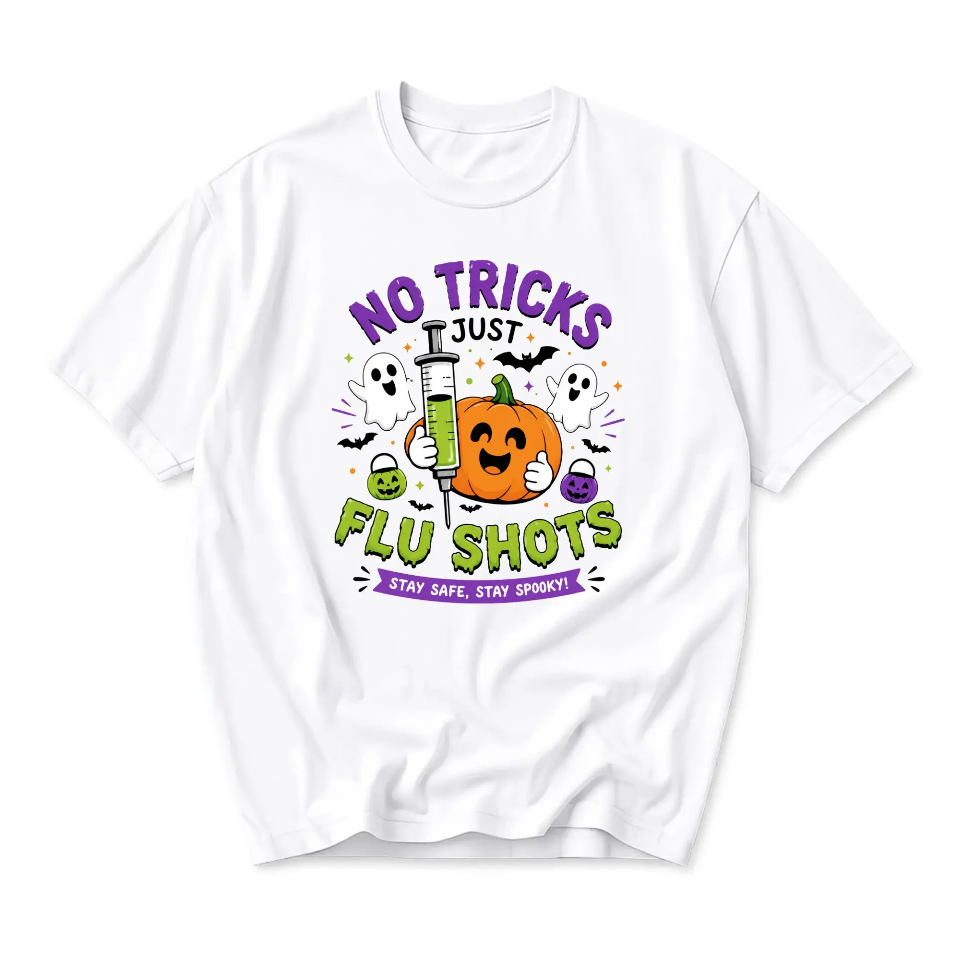 Funny Shirt No Tricks Just Flu Shots Graphic Tee Seasonal Halloween Costume Unisex Crew Neck Casual Cotton Top