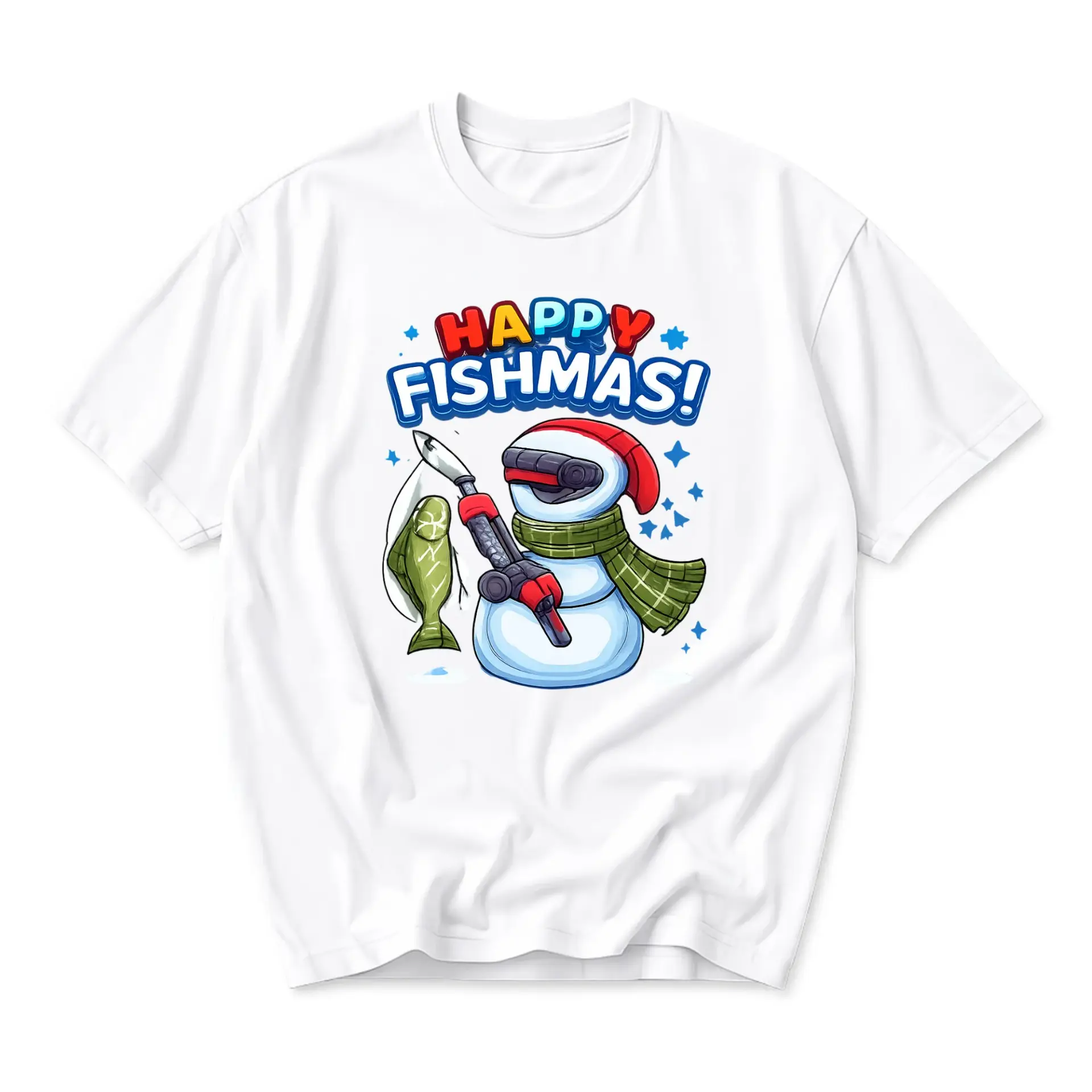 Funny Shirt Happy Fishmas Snowman Graphic Tee Casual Unisex Crew Neck Cotton Blend Soft Everyday Apparel Top
