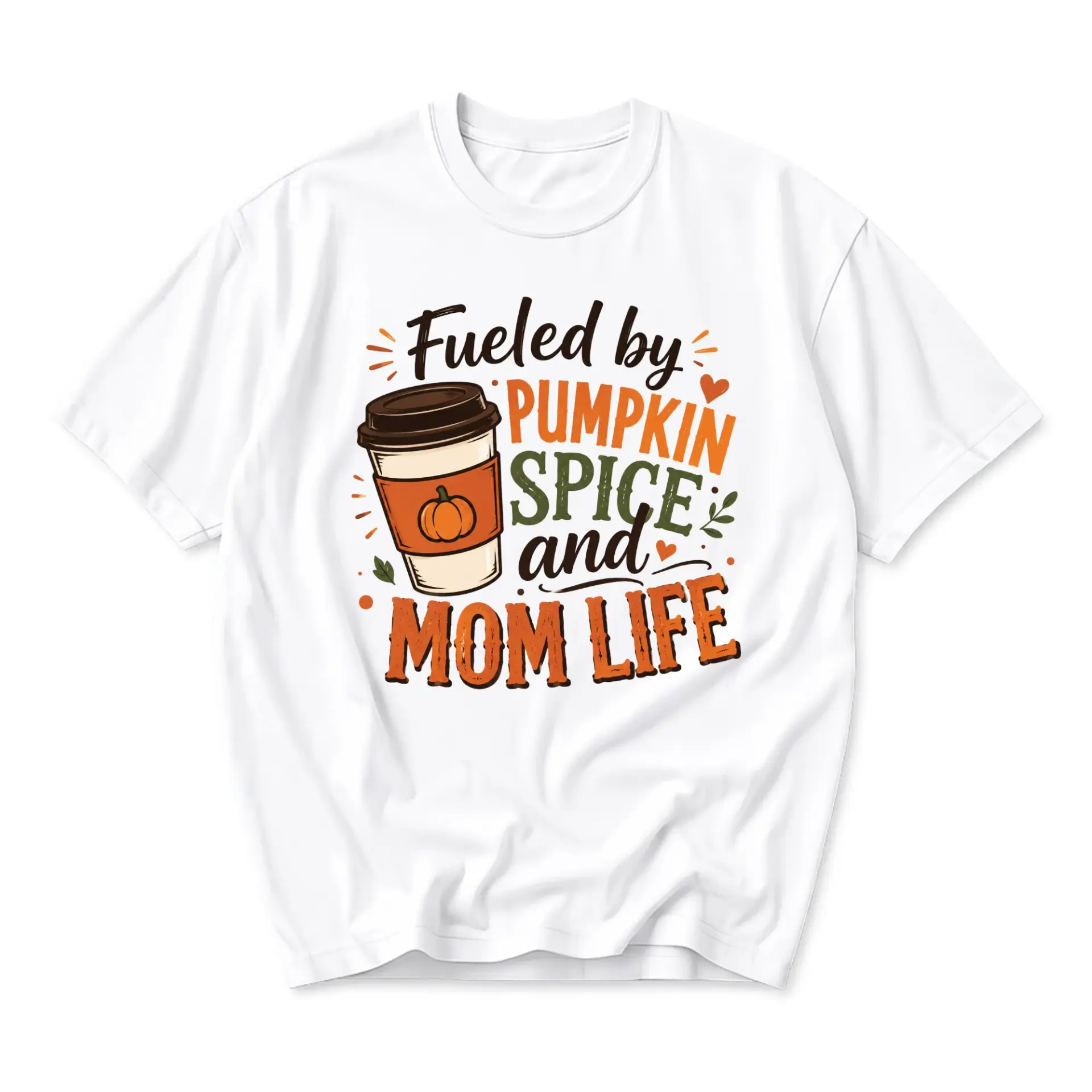 Funny Shirt Fueled by Pumpkin Spice and Mom Life Autumn Graphic Tee Fall Season Casual Unisex Crew Neck Apparel