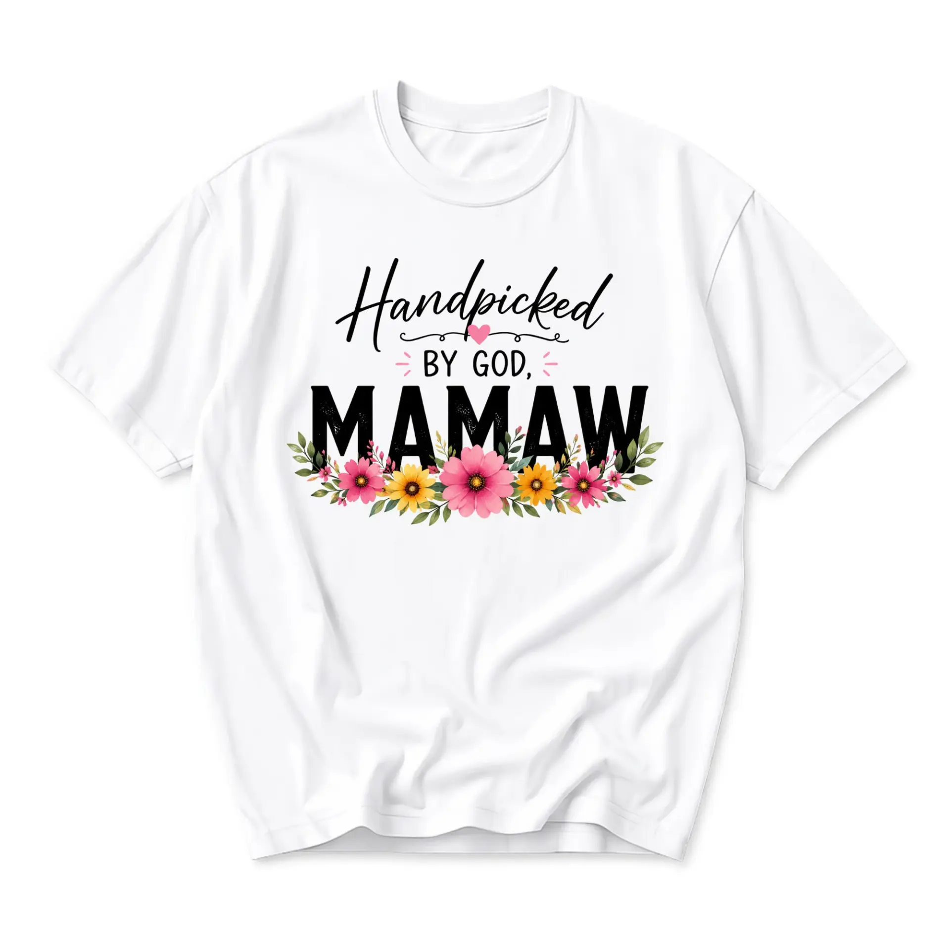 T-shirt Handpicked by God Mamaw Floral Graphic Print Casual Everyday Apparel Short Sleeve Crew Neck Top Gift for Her