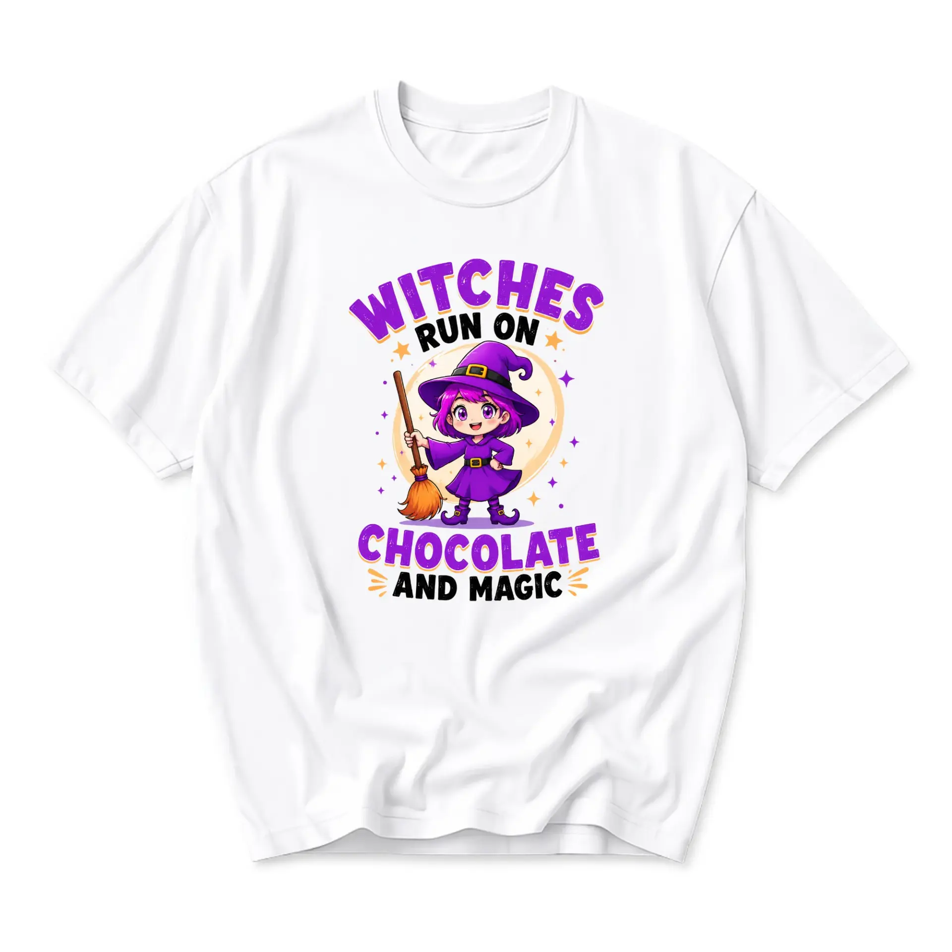 Funny Shirt Witches Run on Chocolate and Magic Graphic Tee Unisex Crew Neck Apparel for Casual Wear and Everyday Style