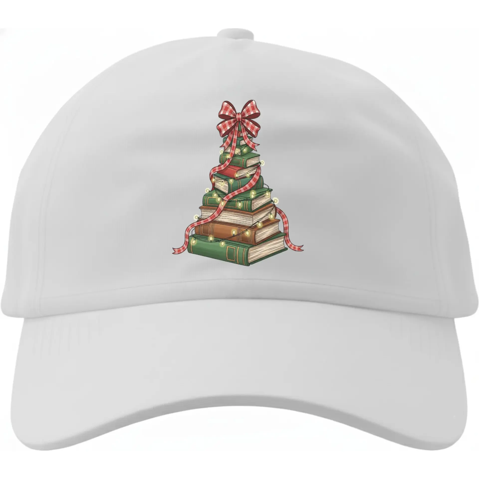 Baseball Cap Featuring a Festive Stack of Books as a Holiday Tree Design with Red Plaid Ribbon and String Lights