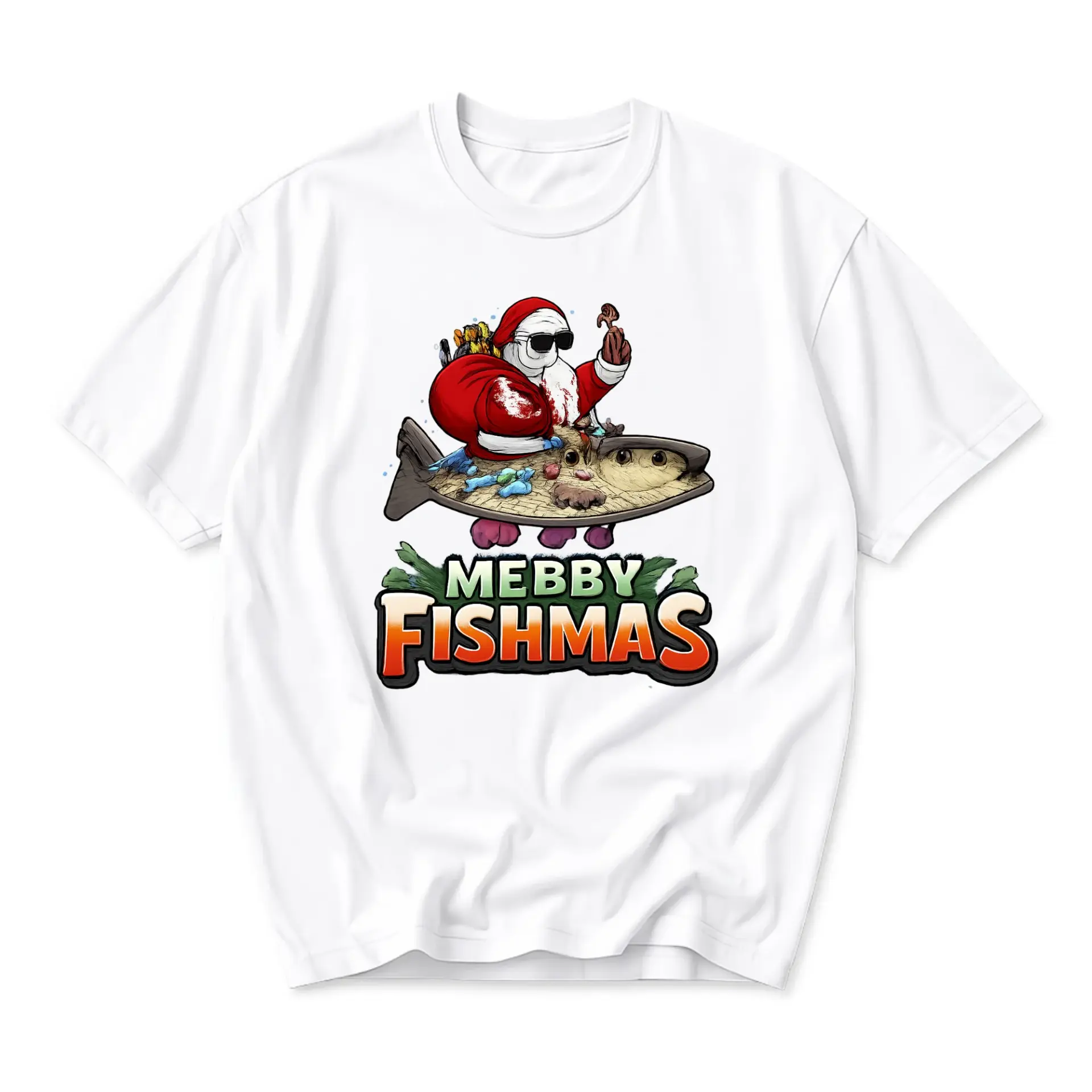 Funny Shirt Mebby Fishmas Graphic Tee Humorous Holiday Santa Riding Fish