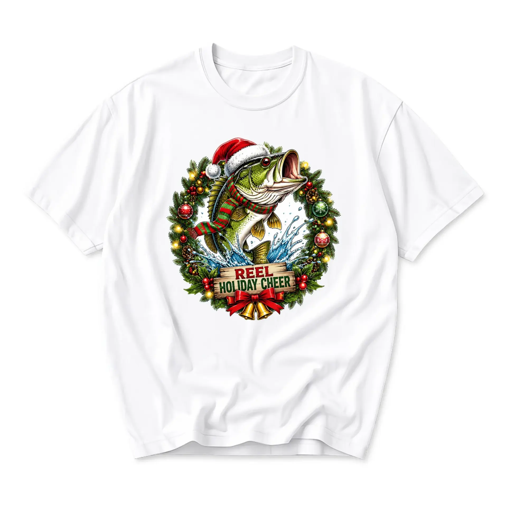 Funny Shirt Reel Holiday Cheer Fishing Graphic Tee Seasonal Unisex Crew