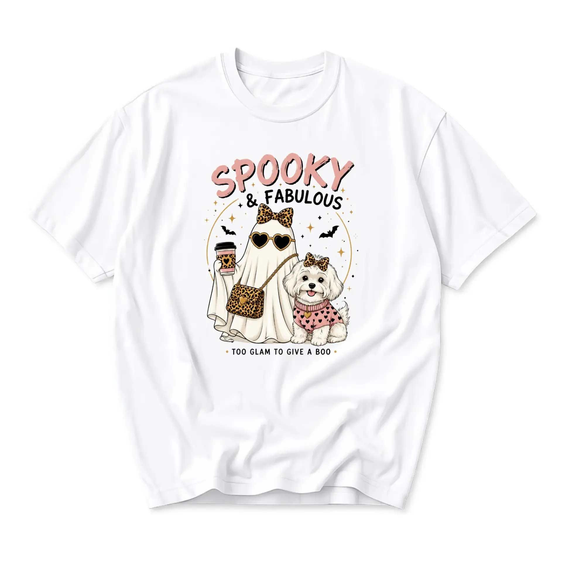 Graphic Tee Spooky and Fabulous Ghost with Dog Print Unisex Casual Crew Neck Soft Cotton Blend Everyday Shirt