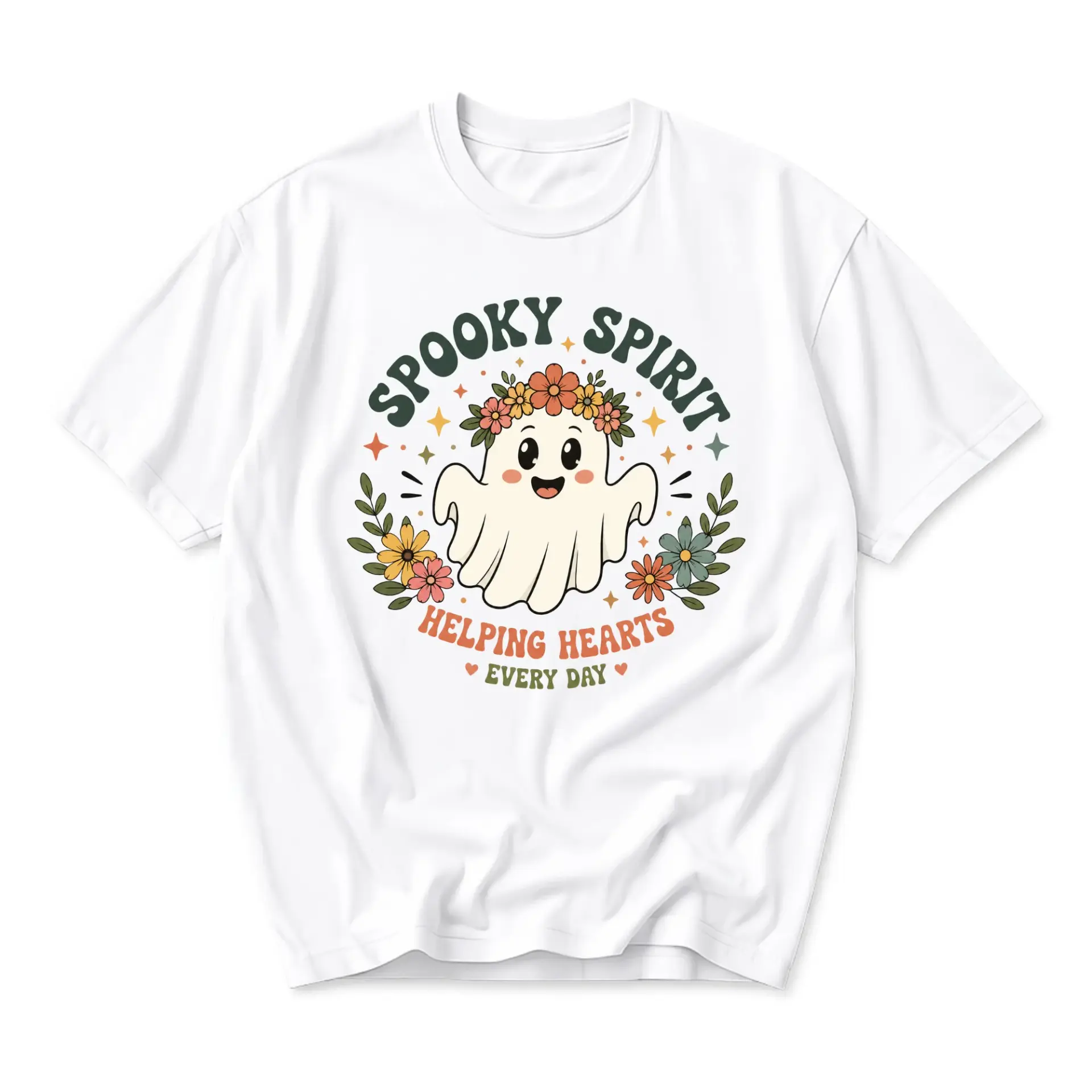 Graphic Tee Spooky Spirit Ghost Shirt Retro Floral Aesthetic Unisex Crew Neck Casual Everyday Wear Soft Cotton Top