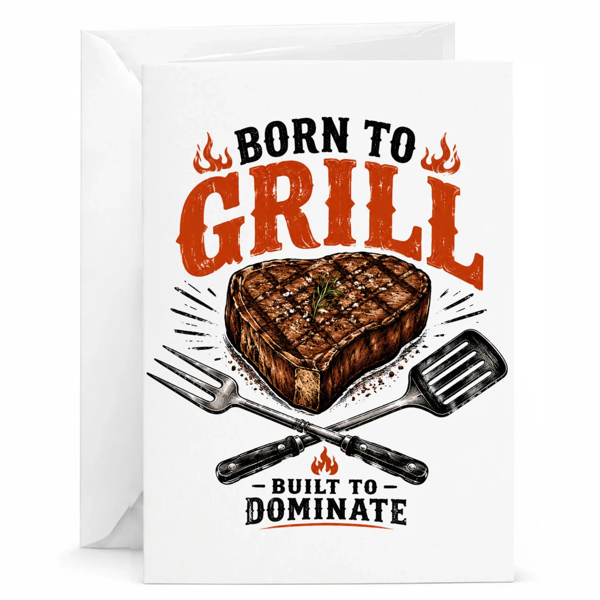 Funny Born to Grill Greeting Card with Steak and Bbq Tools Graphic for Barbecue Enthusiasts and Outdoor Cooking Fans