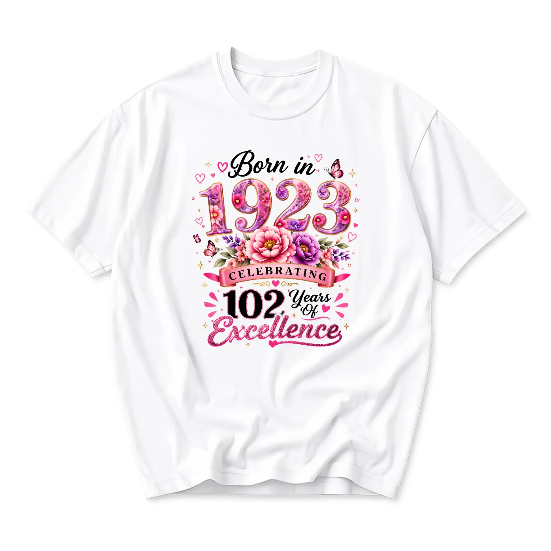 Graphic Tee Born in 1923 Celebrating 102 Years of Floral Butterfly Design Unisex Crew Neck Shirt