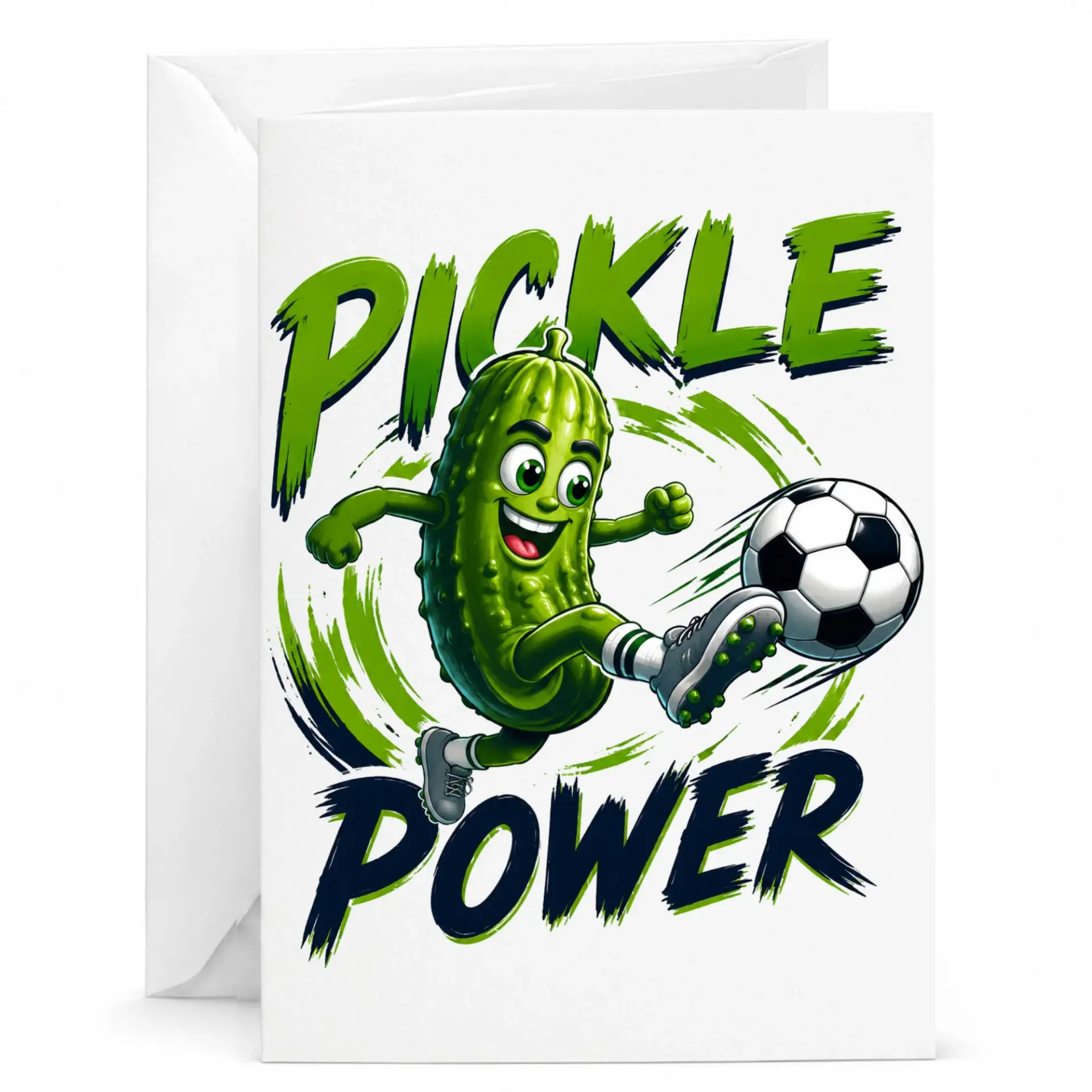 Funny Pickle Power Greeting Card with Envelope, Humorous Vegetable Soccer Athlete Illustration for Any Occasion