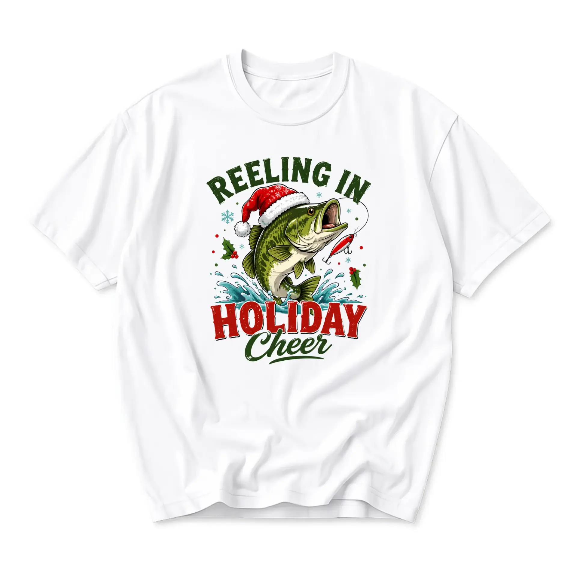 Graphic Tee Reeling in Holiday Cheer Fishing Design Unisex Crew Neck Soft Cotton Blend Casual Short Sleeve Shirt