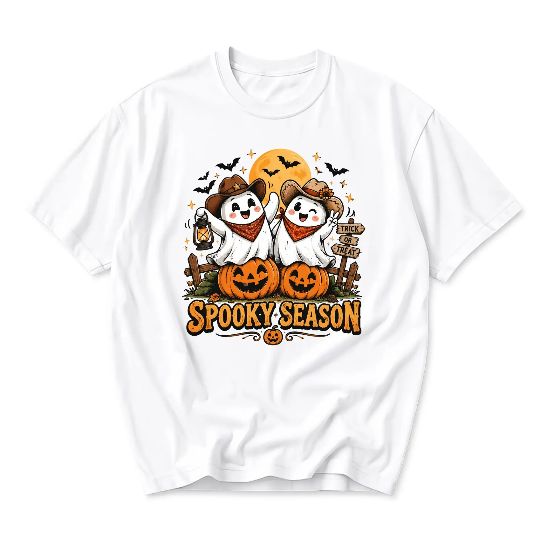 Graphic Tee Spooky Season Cowboy Ghost Pumpkin Unisex Casual Crew Neck T-Shirt for Halloween Party Holiday Attire
