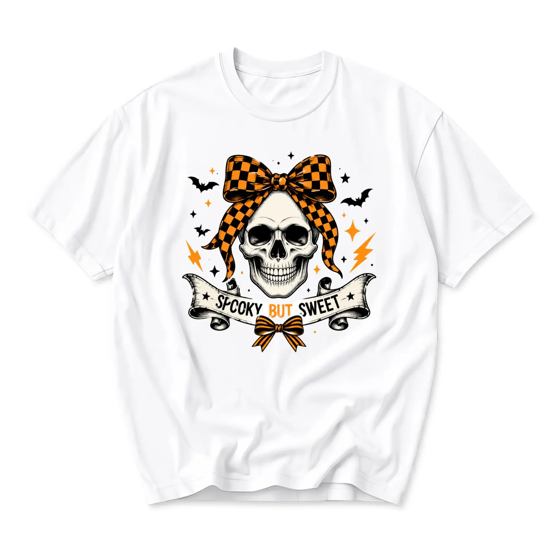 Funny Shirt Spooky but Sweet Skull Graphic Tee Retro Checkerboard Bow Unisex Crew Neck Casual Everyday Apparel White