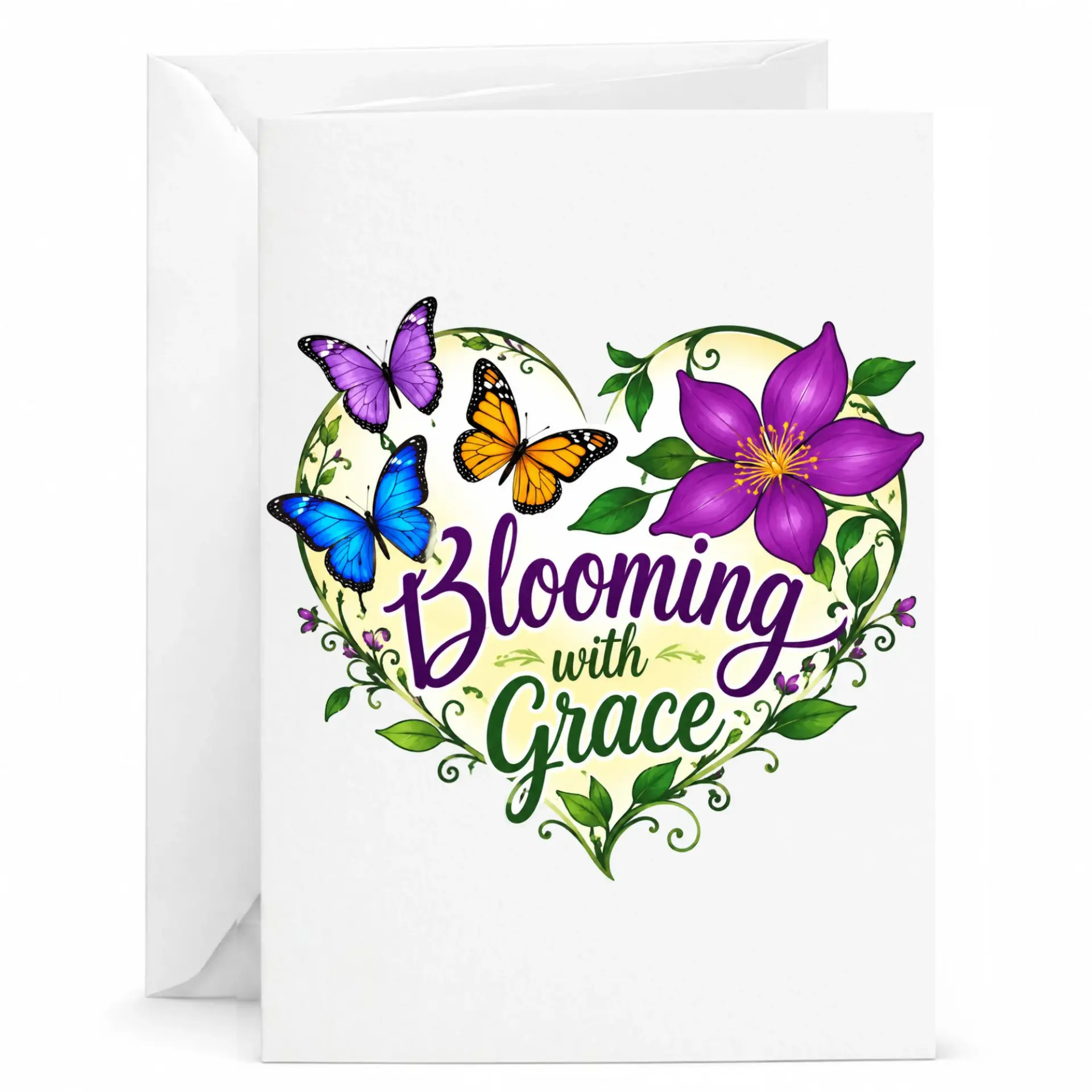Blooming with Grace Greeting Card with Floral Heart Design and Butterflies Butterfly Floral Stationery Note Card