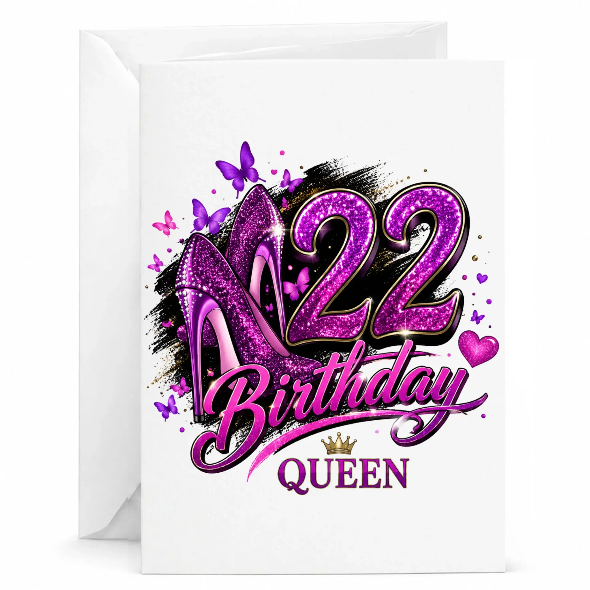 Birthday Card 22nd Birthday Queen Greeting Card with Matching Envelope for Her Purple Glitter Stiletto Design