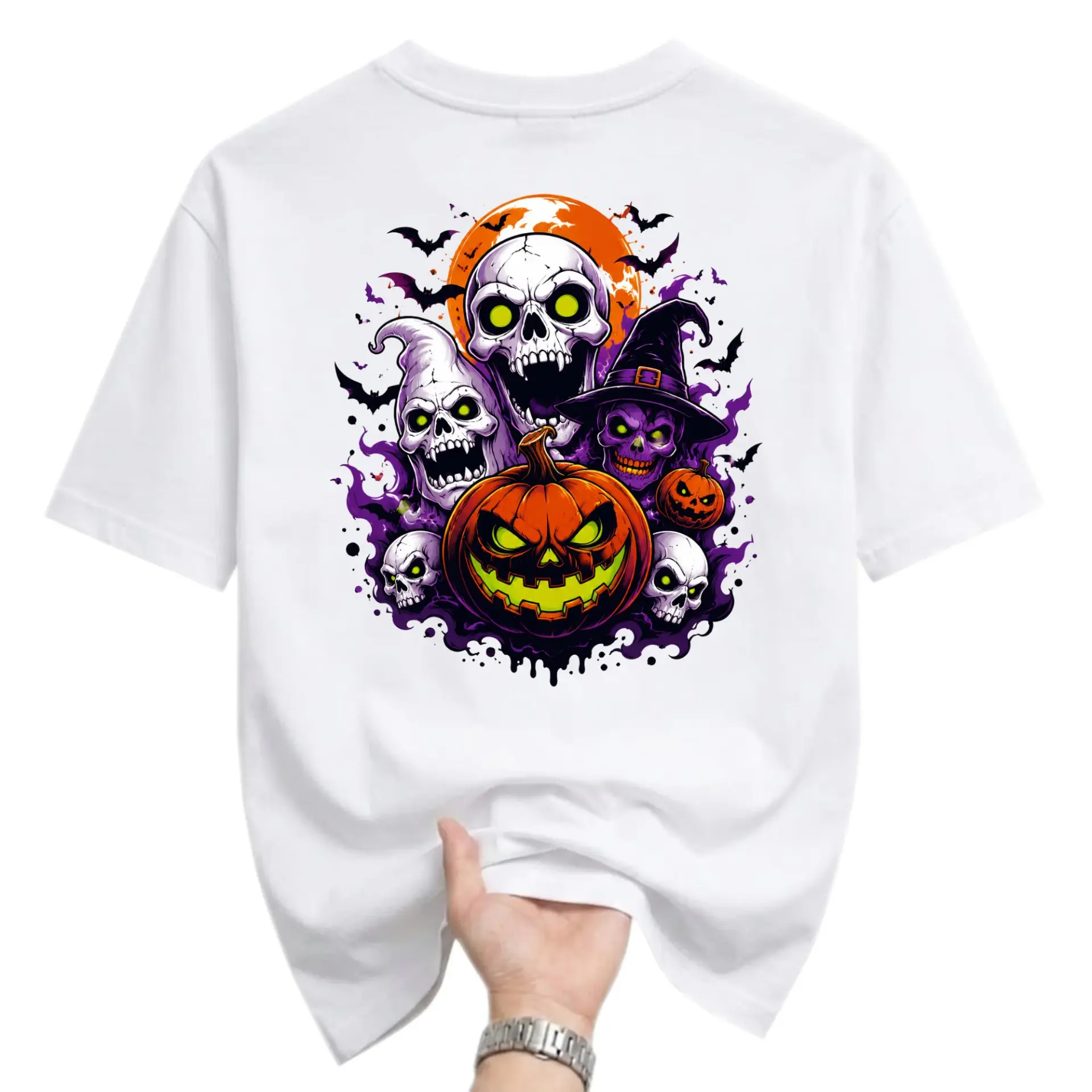 Graphic Tee Unisex Halloween Shirt Featuring Spooky Skulls Pumpkins and Bats Artwork for Casual Seasonal Wear