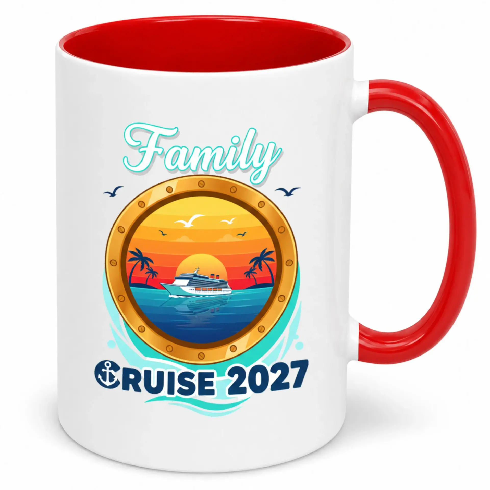 Family Cruise 2027 Themed Ceramic Coffee Mug Vacation Souvenir Drinkware Porthole Sunset Ocean Design Large Handle Hot Beverage Cup