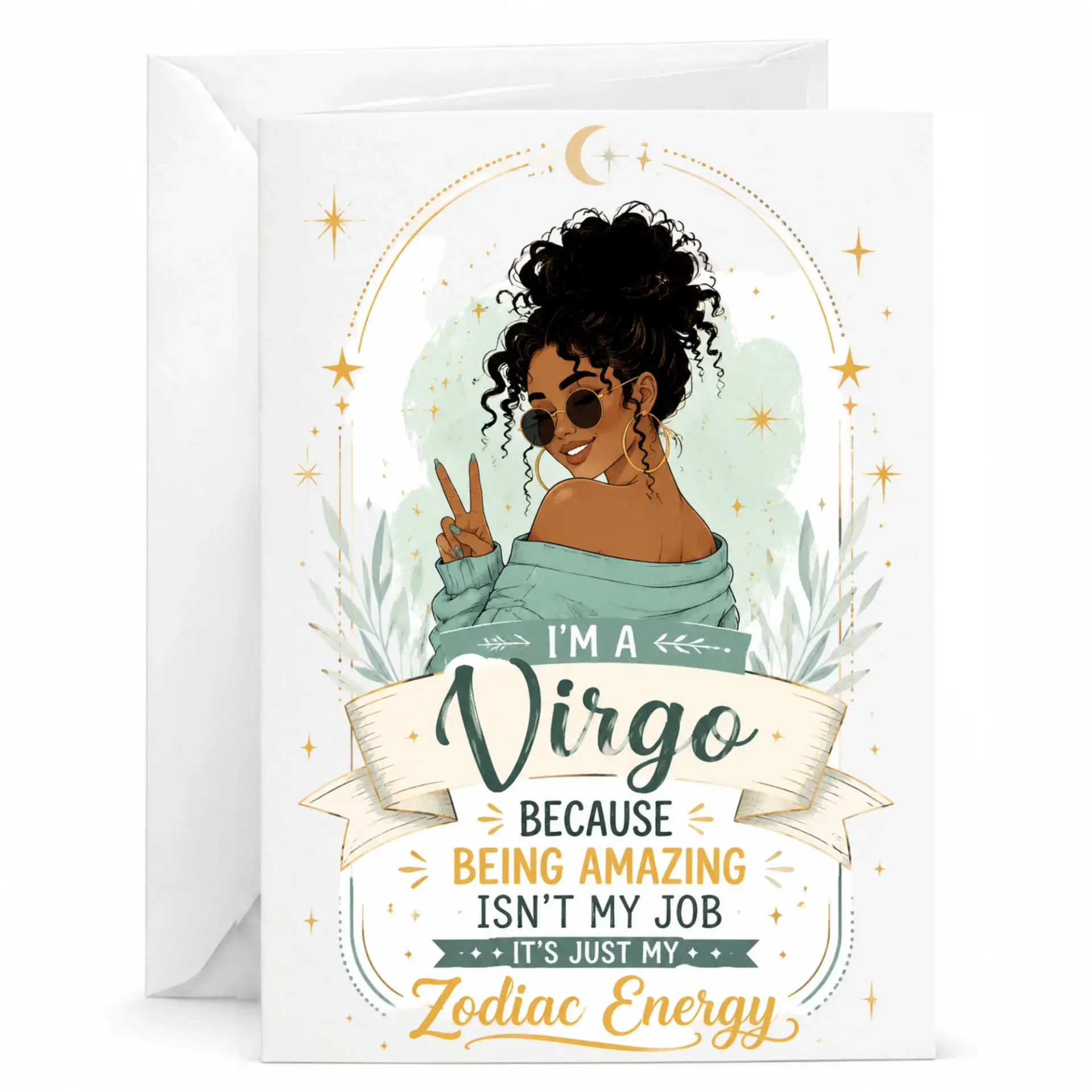 Funny Birthday Card for Virgo Zodiac Sign Astrology Enthusiast with Chic Artistic Illustration and Encouraging Message
