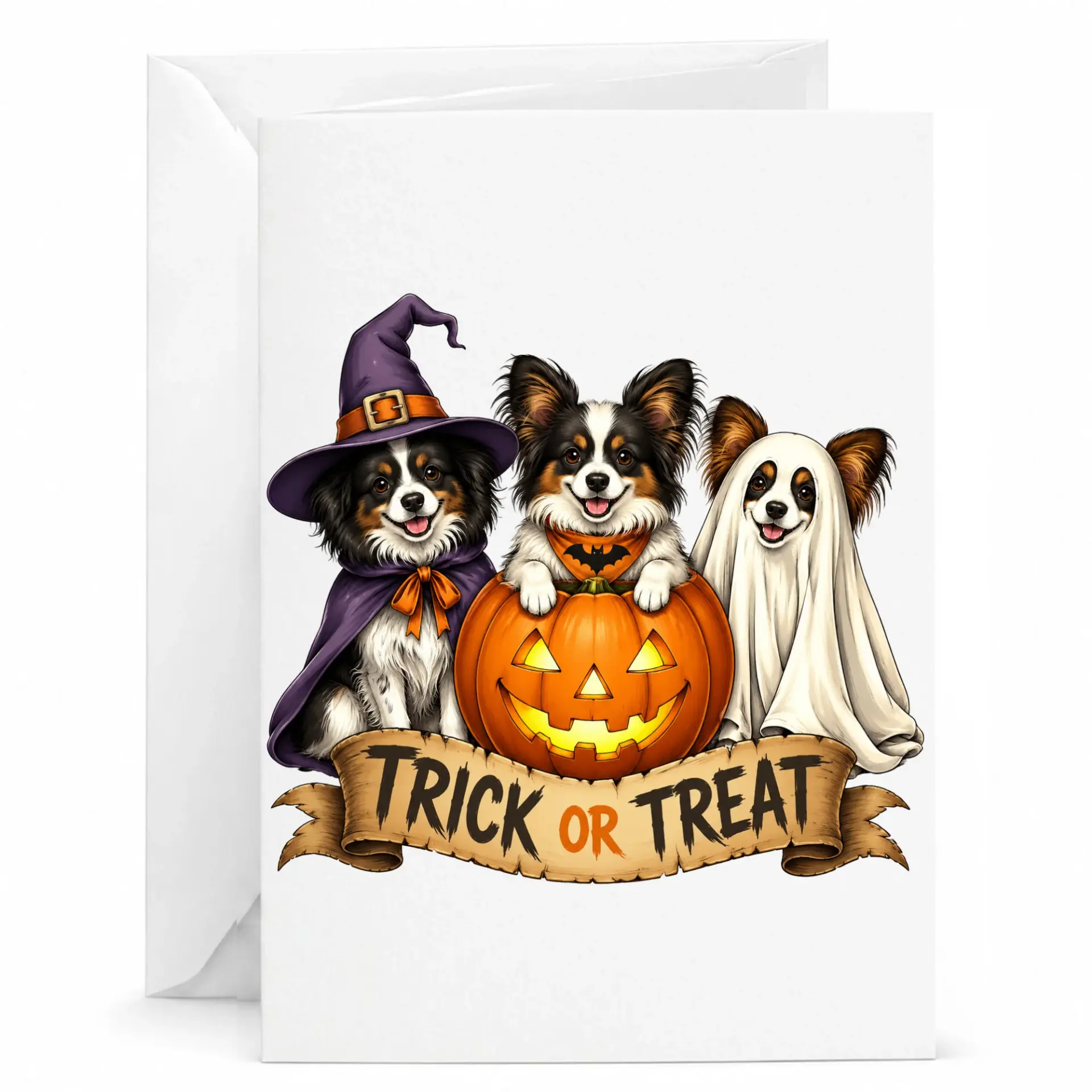 Funny Halloween Greeting Card Featuring Cute Dogs Dressed in Costumes with Pumpkin and or Treat Script Text