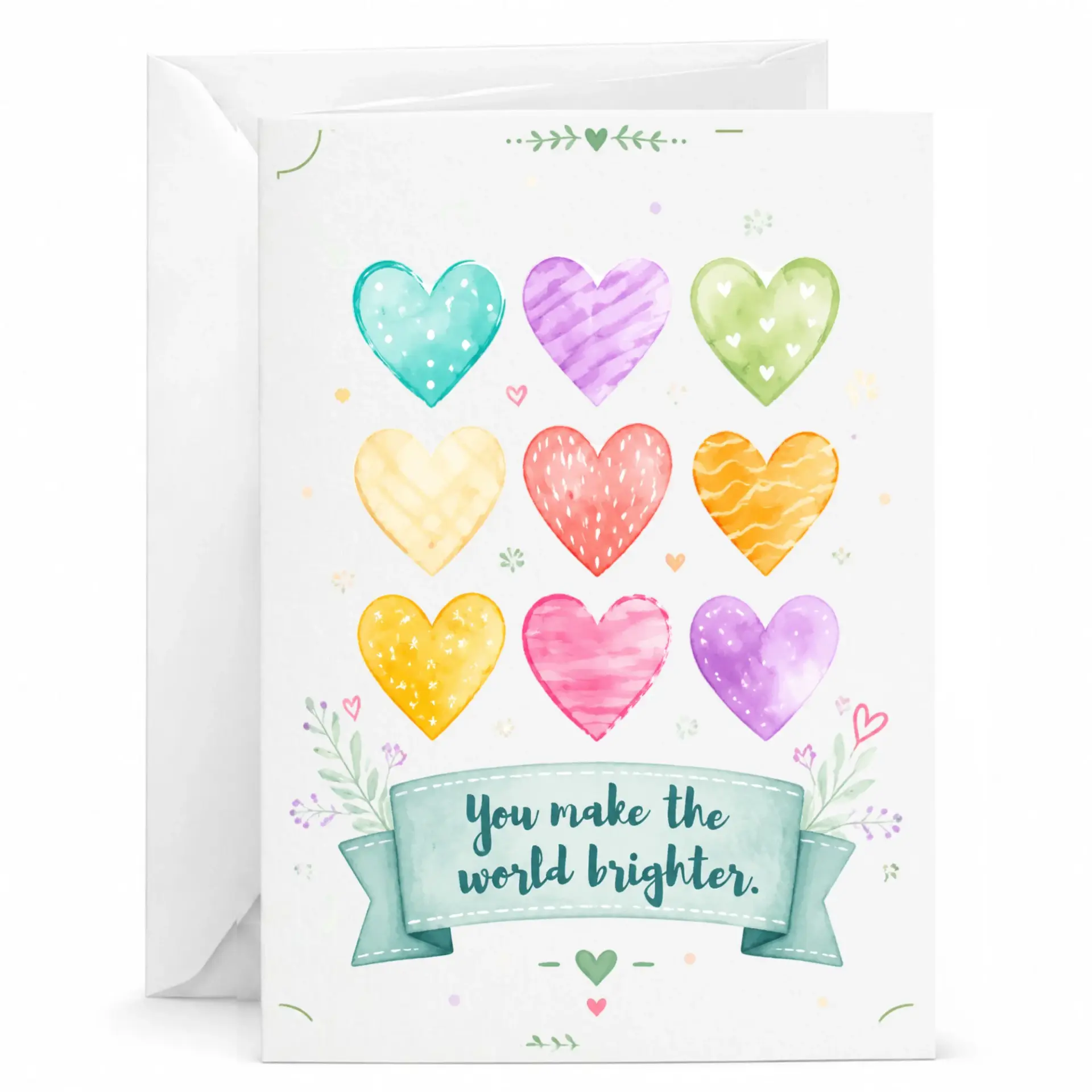 Greeting Card with Colorful Watercolor Hearts Design and You Make the World Brighter for Special Occasions