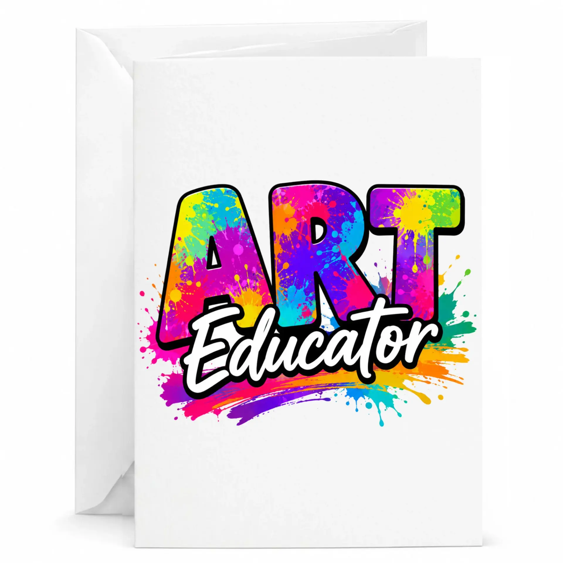 Greeting Card for Art Teacher Featuring Vibrant Watercolor Paint Splatter Design and Bold Typography Appreciation